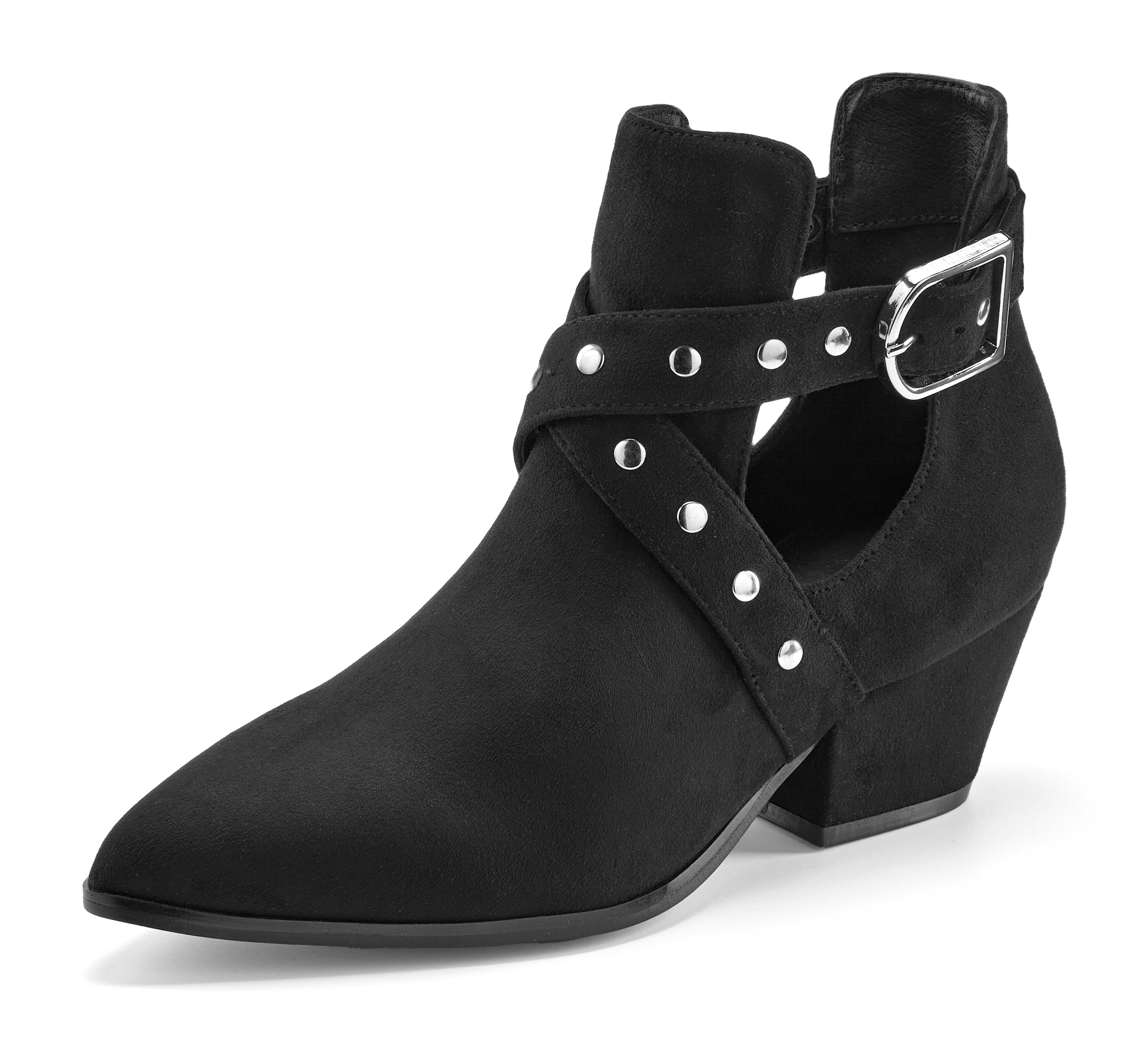 LASCANA Stiefelette »Stiefelette, Boot, Riemchenstiefelette«  Velours-Textil mit Nieten-Riemen, Cut-Outs und Blockabsatz