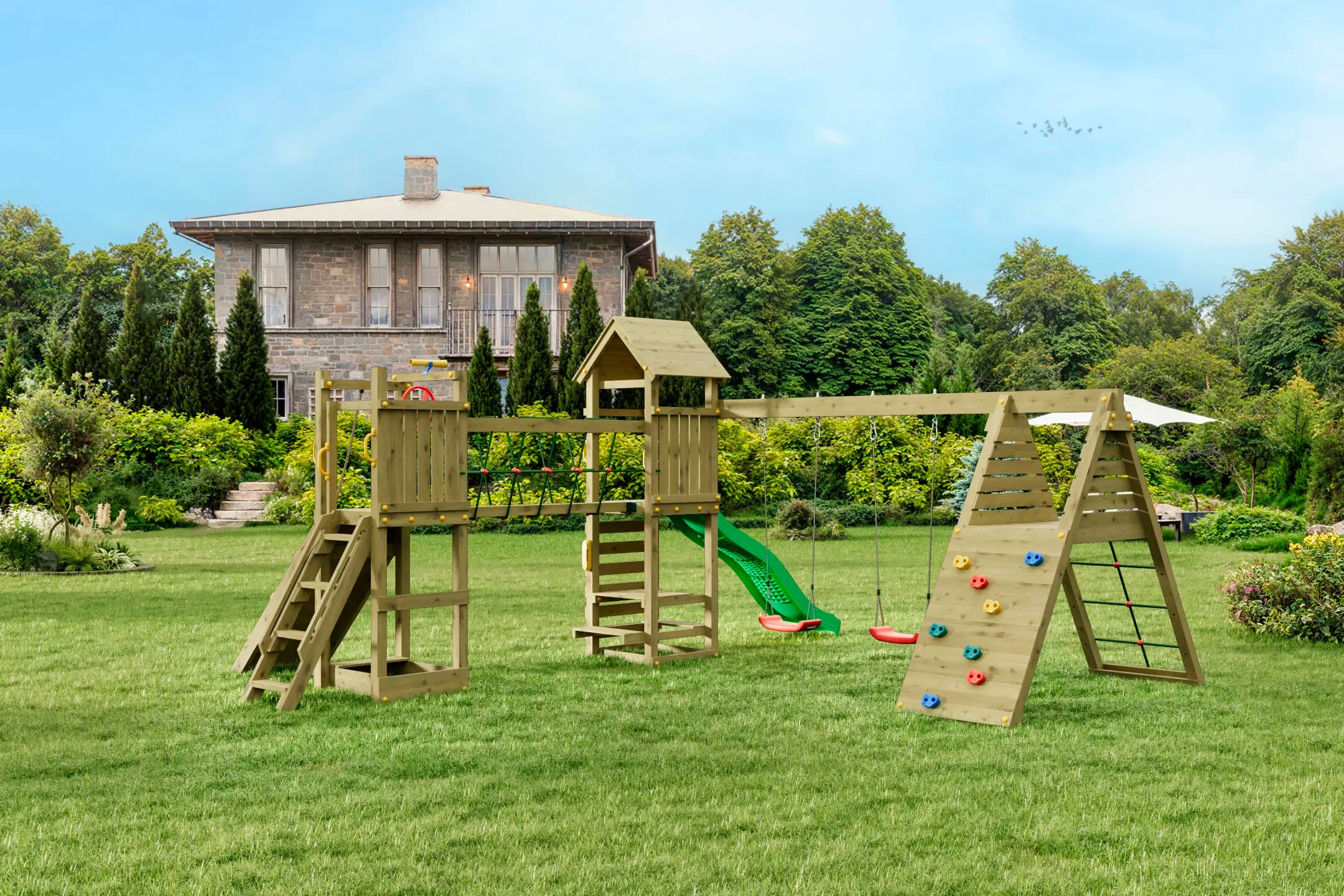 FUNGOO Spielturm »Maxi Funny Carnival«, (Packung), Spielturm mit Rutsche, Schaukeln, Kletterwand und Seilbrücke