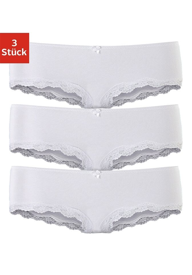 LASCANA Panty, (Packung, 3 St.), aus elastischer Baumwolle mit zarter Spitze