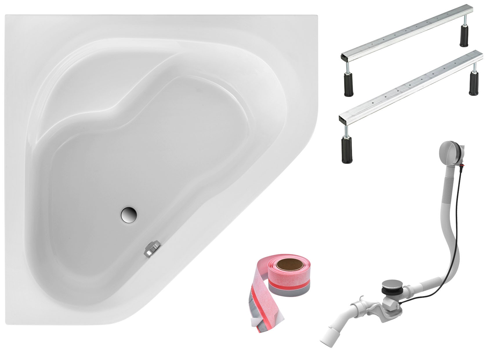 Eckwanne OTTOFOND, B:135cm L:135cm, weiß, Aluminium, Kunststoff, Sanitäracryl, Badewannen, 135 cm, mit Fußgestell, Ablaufgarnitur und Fugendichtband