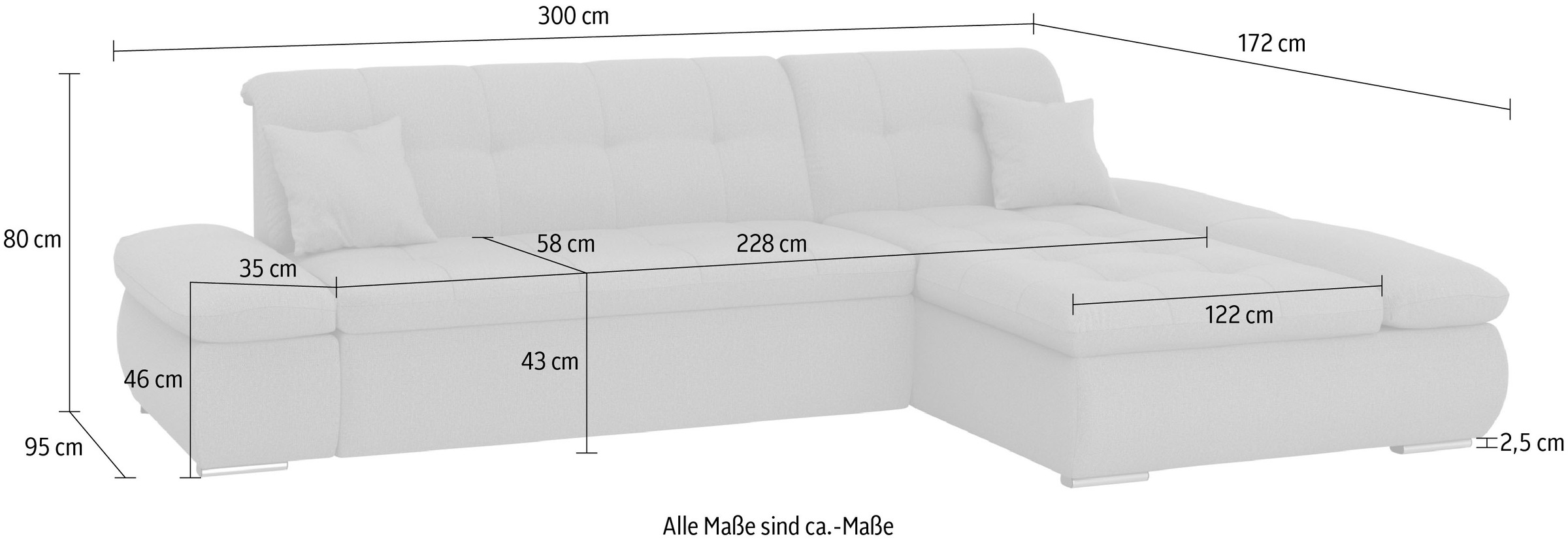 DOMO collection Ecksofa »Moric B/T/H 300/172/80 cm, auch in Cord, L-Form«, XXL-Format, wahlweise auch mit Bettfunktion und Armverstellung