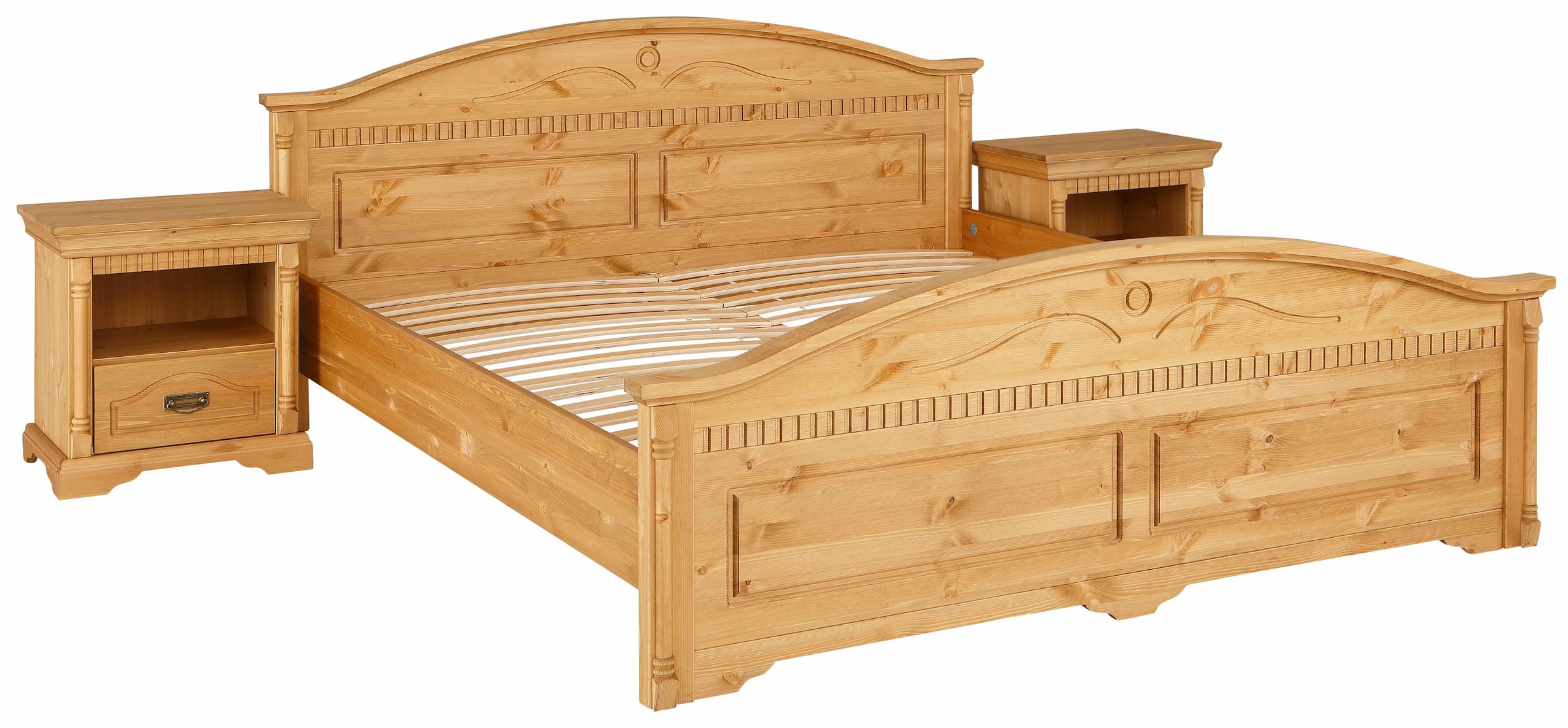 Home affaire Massivholzbett »Graz, hohe Belastbarkeit, klassischer Landhausstil, FSC® zertifiziert«, (Breite/Belastbarkeit 180cm/220 KG, 90cm/=120KG), mit dekorativen Fräsungen, inklusive Lattenrost