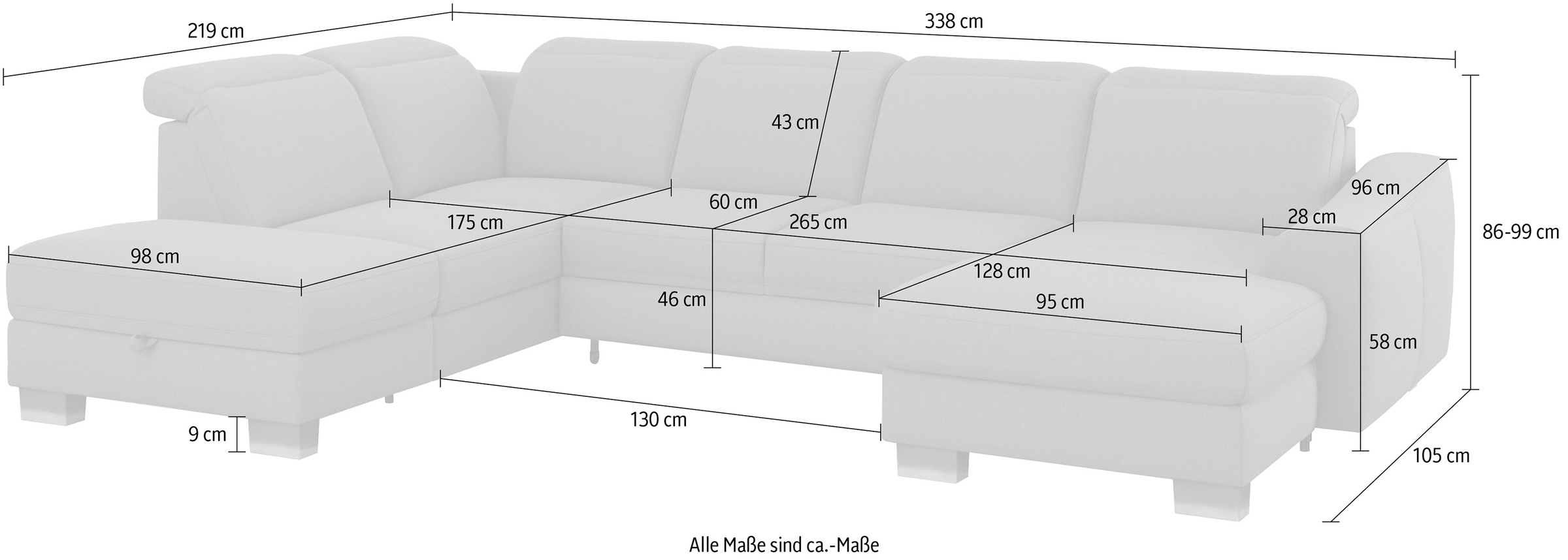 sit&more Wohnlandschaft »Dundee U-Form«, mit Federkern und Edelstahlfüßen, wahlweise mit Kopfteilverstellung