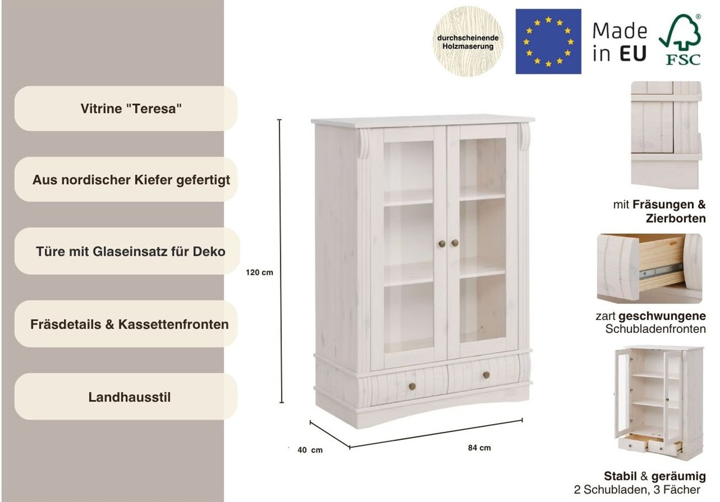Home affaire Vitrine »Teresa«, (Maße (B/T/H): ca. 84/40/120 cm), mit 2 Glastüren und 2 Schubladen, Höhe 120 cm, aus Massivholz