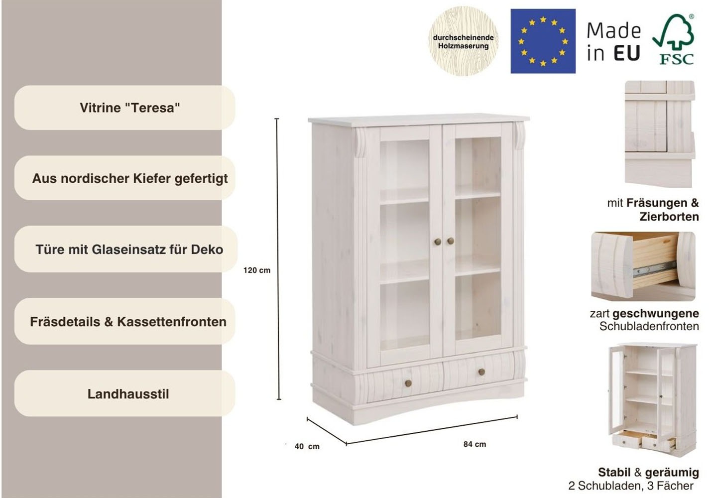 Thumbnail - Home affaire Vitrine "Teresa", (Maße (B/T/H): ca. 84/40/120 cm), mit 2 Glastüren und 2 Schubladen, Höhe 120 cm, aus Mass...