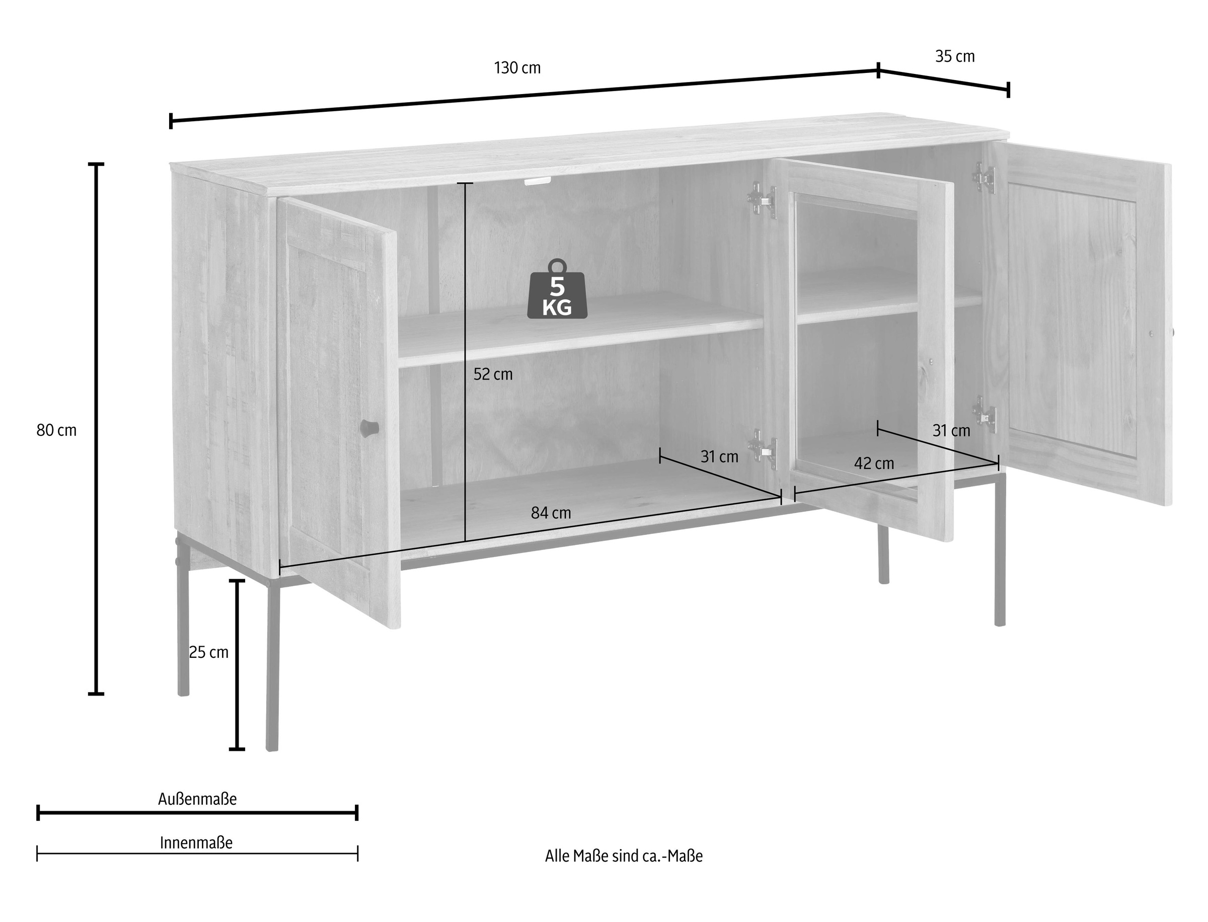 Home affaire Sideboard »Freya«, mit 2 Holztüren, Glastür, Metallgriffen, aus Massivholz, Breite 130 cm