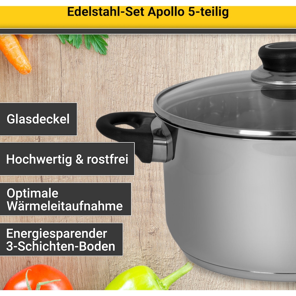 Krüger Topf-Set »Apollo«, Edelstahl, (Set, 9 tlg., 1 Bratentopf Ø 16/20 cm, 1 Fleischtopf Ø 16/20 cm, 1 Stieltopf Ø 16 cm)