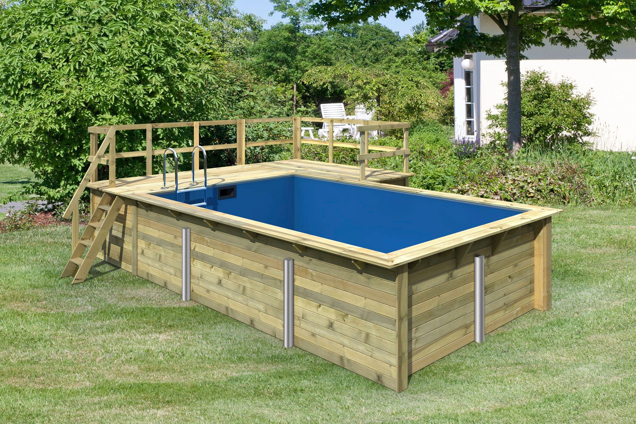 Karibu Rechteckpool »Malta B BxLxH: 353x530x124 cm mit Sonnendeck und Ecke«, (Set), 44 mm starke kesseldruckimprägnierte Holzbohlen aus Fichtenholz