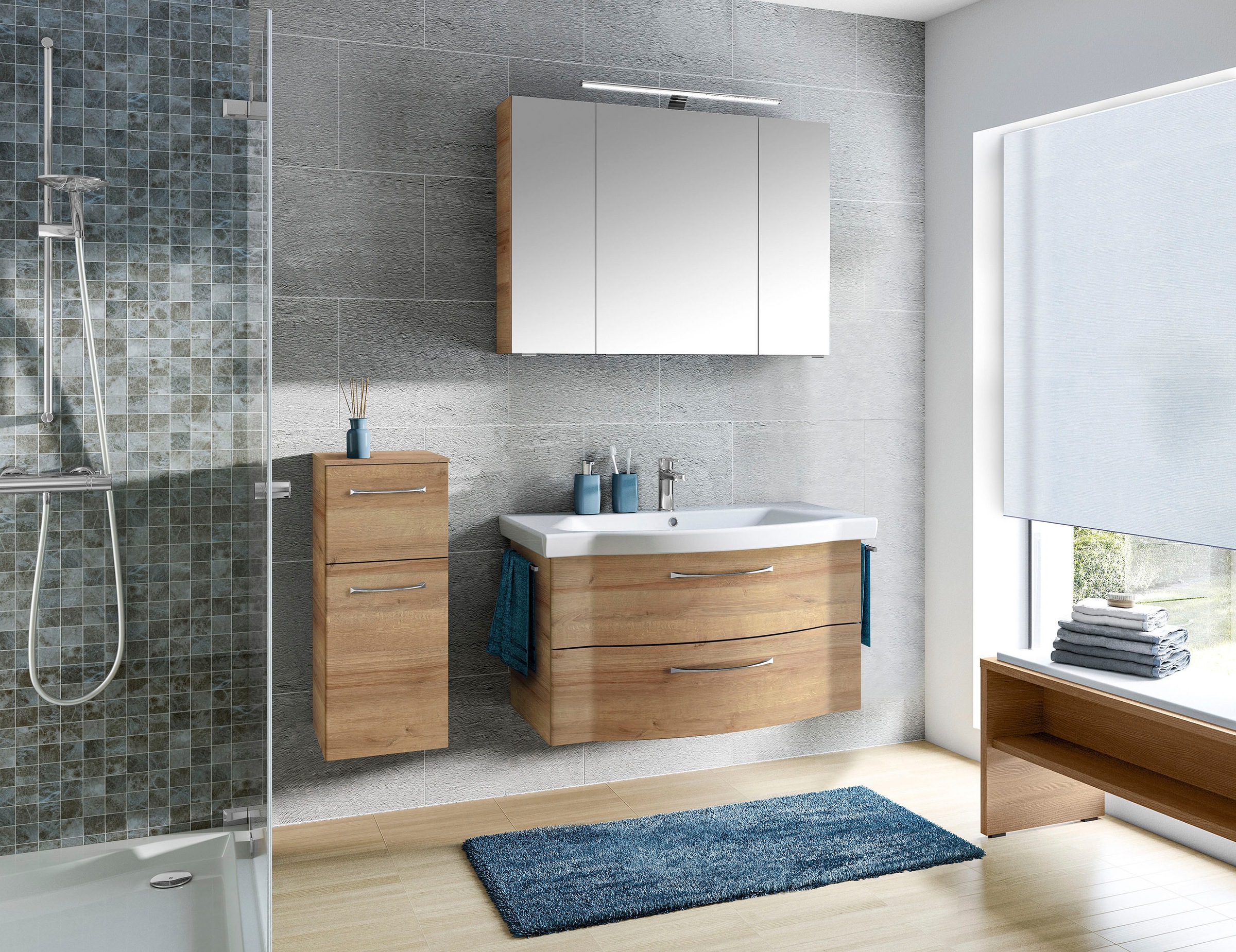 Saphir Badmöbel-Set »6005 Sprint 3-teilig, Keramik-Waschtisch mit LED-Spiegelschrank«, (4 St.), Unterschrank, inkl. Türdämpfer, 4 Türen, 3 Schubladen, Bad-Set