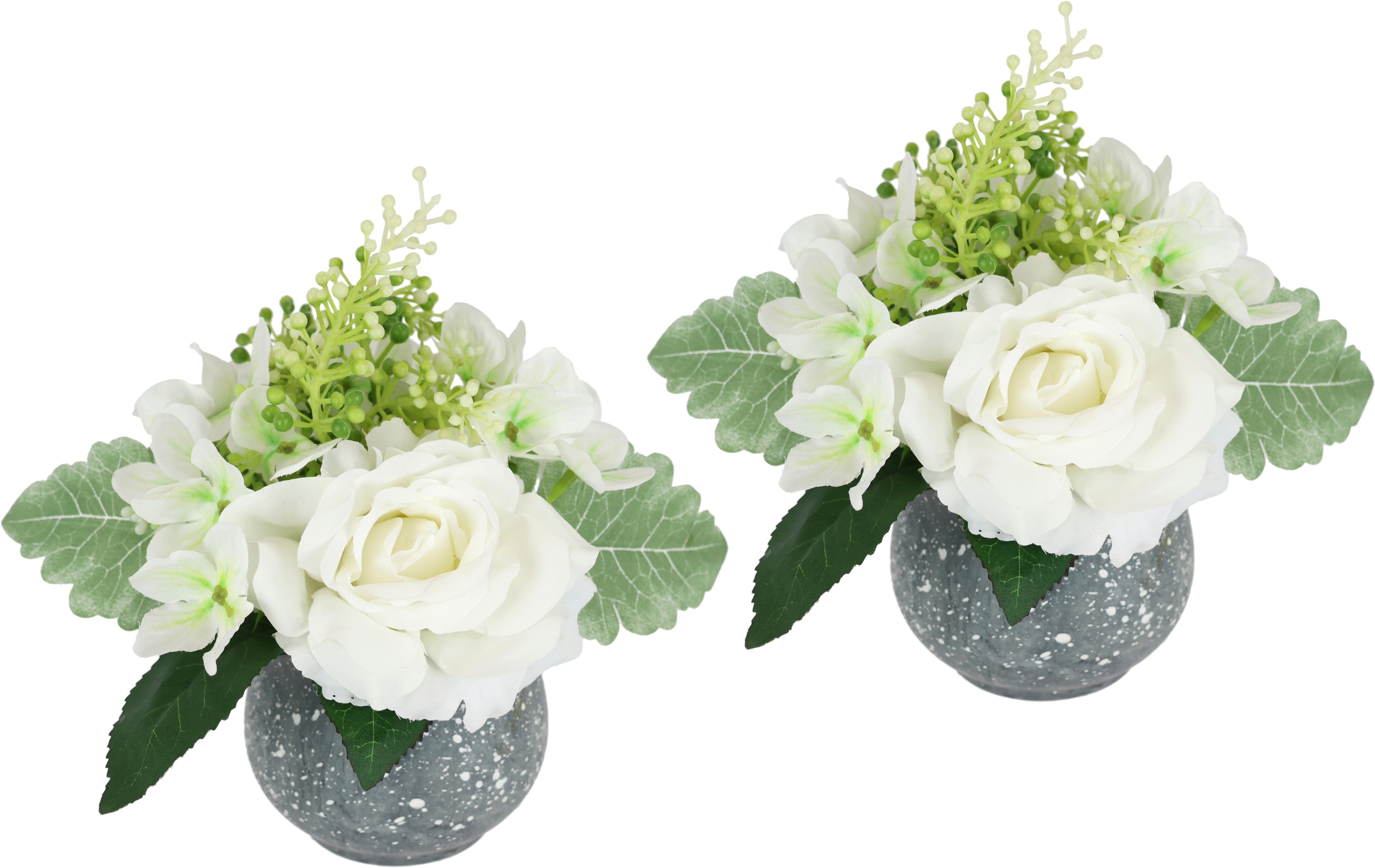 I.GE.A. "Arrangement Rose und Hortensie im Topf 2er Set" Blumengesteck künstlich Dekoblume Hochzeitsdeko Kunstpflanze Blume