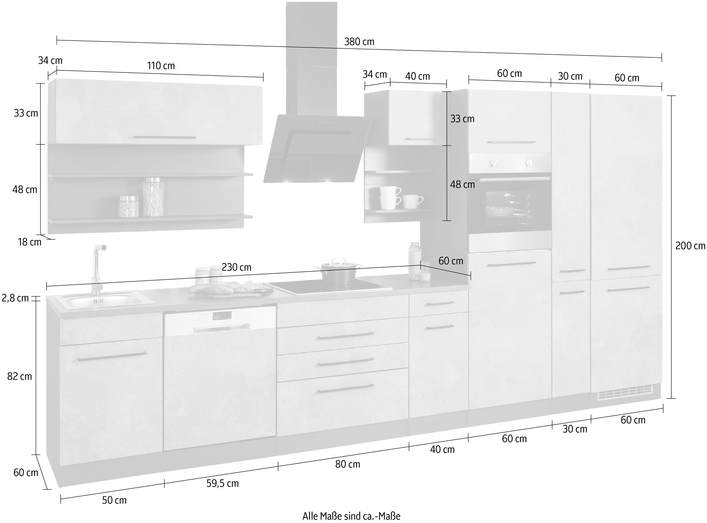 KOCHSTATION Küchenzeile »KS-Tulsa«, ohne E-Geräte, Breite 380 cm, schwarze Metallgriffe, MDF Fronten