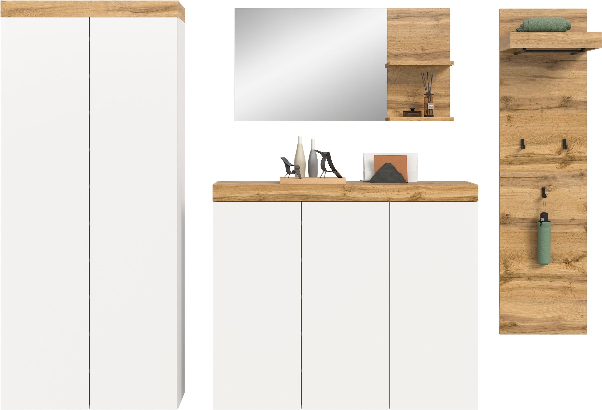 OTTO home Garderoben-Set »MAMBO, TOPSELLER!, 4-teilige Kombination, stehend & hängend montierbar« bestehend aus: Garderobenschrank, Kommode, Spiegel, Garderobenpaneel, 4 Stk. tlg.