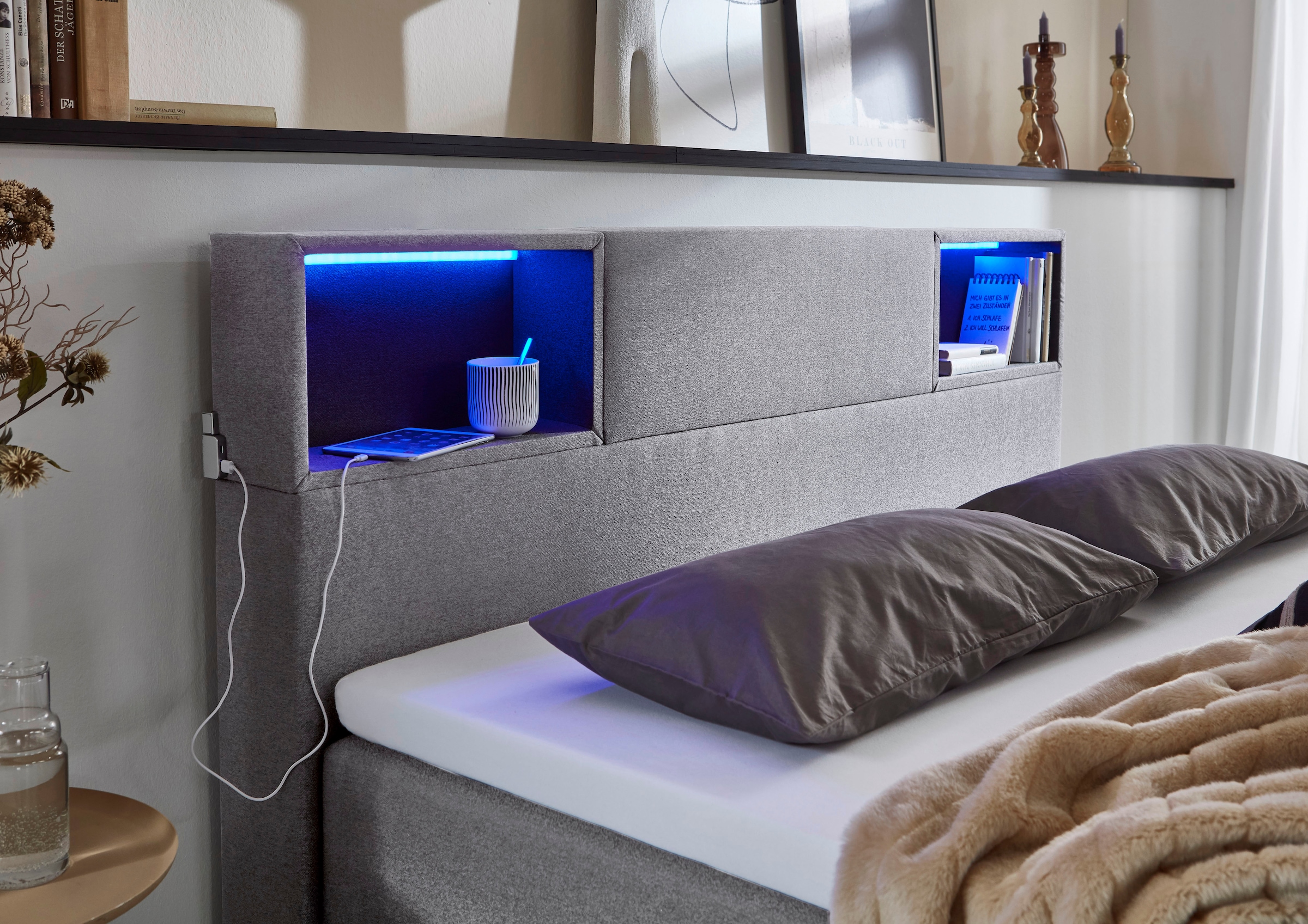 meise.möbel Boxspringbett »Caja mit Bettkasten und Topper«, mit LED ausgestattetes Ablagefach im Kopfteil