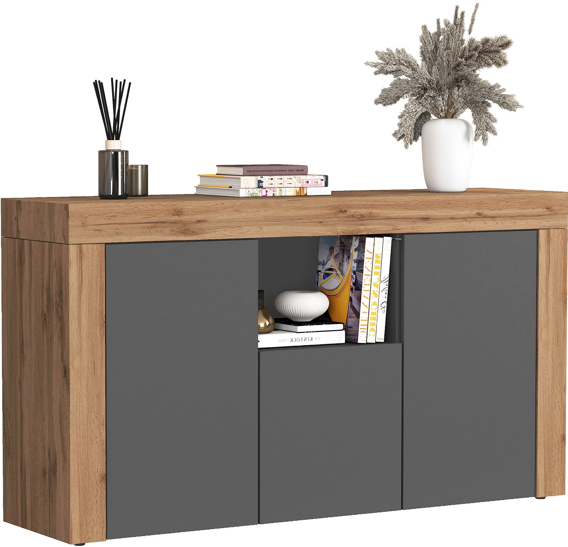 OTTO home Sideboard »CHRONOS Breite 155 cm mit 3 Türen, 1 offenes und 6 geschlossene Fächer« 1 Stk. tlg. Sideboard,Kommode, Schrank, Grifflos mit Push to Open, Made in Italy