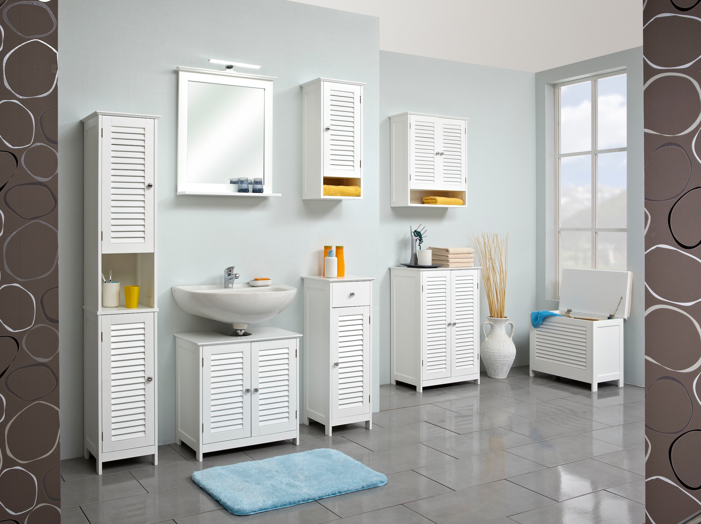 Saphir Badmöbel-Set »Quickset 928 5-teilig, Waschbeckenunterschrank mit LED-Spiegel«, (6 St.), Hochschrank, Unterschrank, Hängeschrank, 6 Türen, Weiß Glanz
