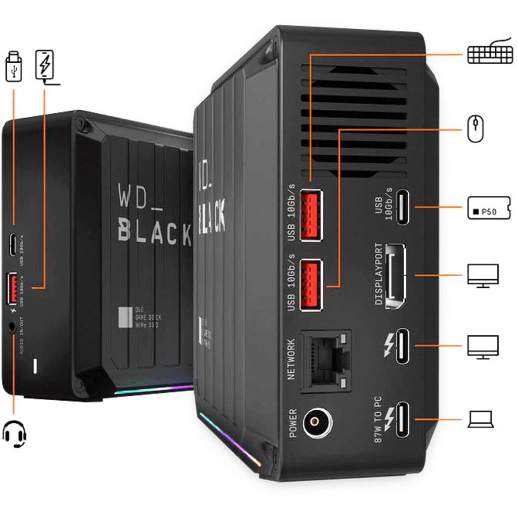 WD_Black Gaming-SSD »Game Dock«, Anschluss USB 3.2-DisplayPort-USB-3,5-mm-Audio-in/Mikrofon-Port-RJ45-Ethernet-Netzwerkanschluss