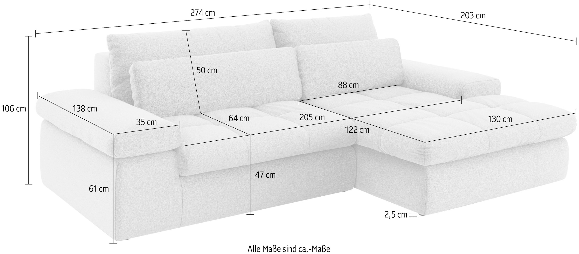 Home affaire Ecksofa »ALVERIE mit Recamiere, moderne Steppung, Maße: B/T/H 274/203/106 cm«, L-Form mit Wellenunterfederung, mit 4 Rückenkissen, pflegeleicht Stoff