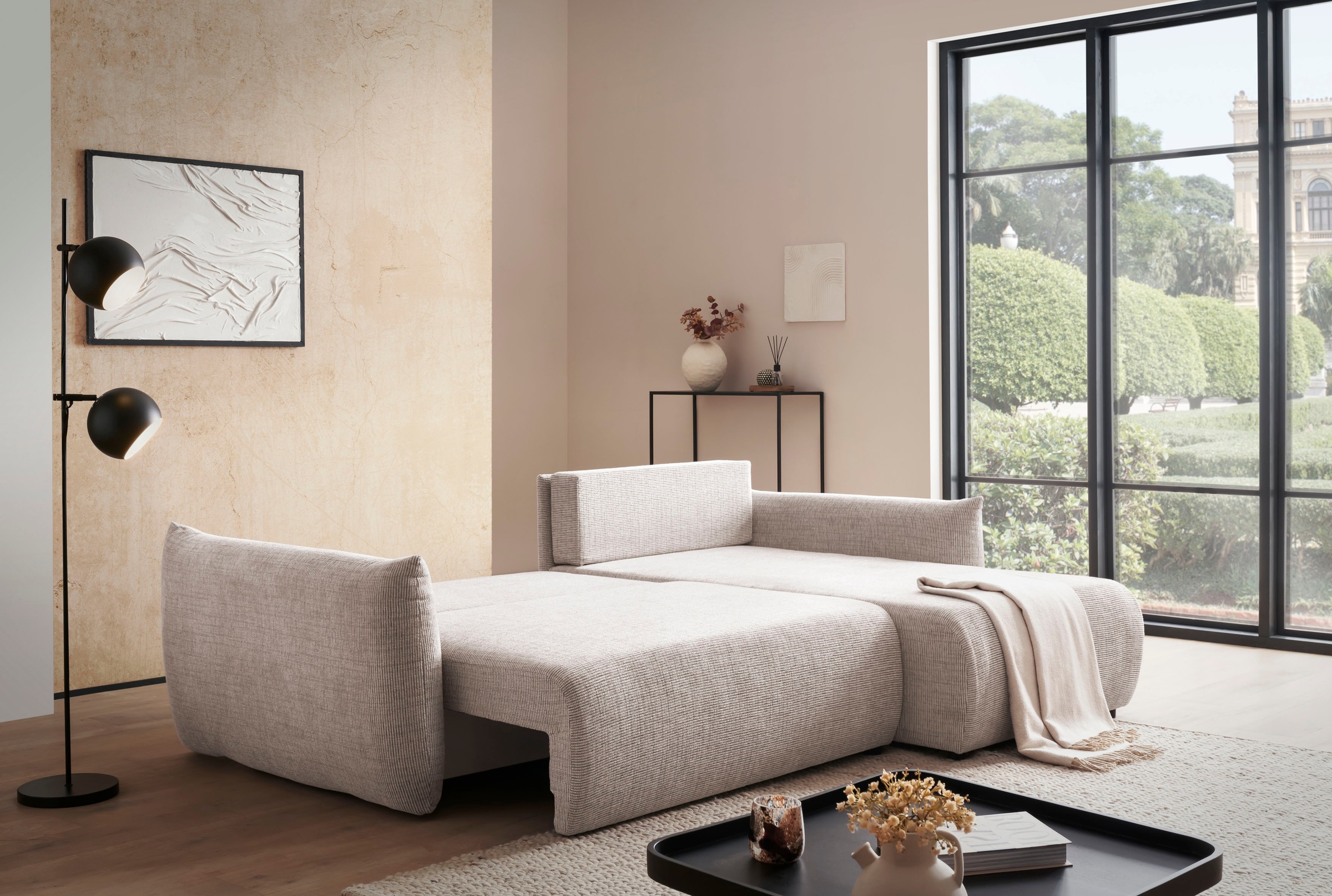 INOSIGN Ecksofa »MAVAS Schlafsofa mit Bettkasten, L-Form,«, ca.257/127cm (Liegefläche 212/145 cm), Cord, Chenille, Struktur