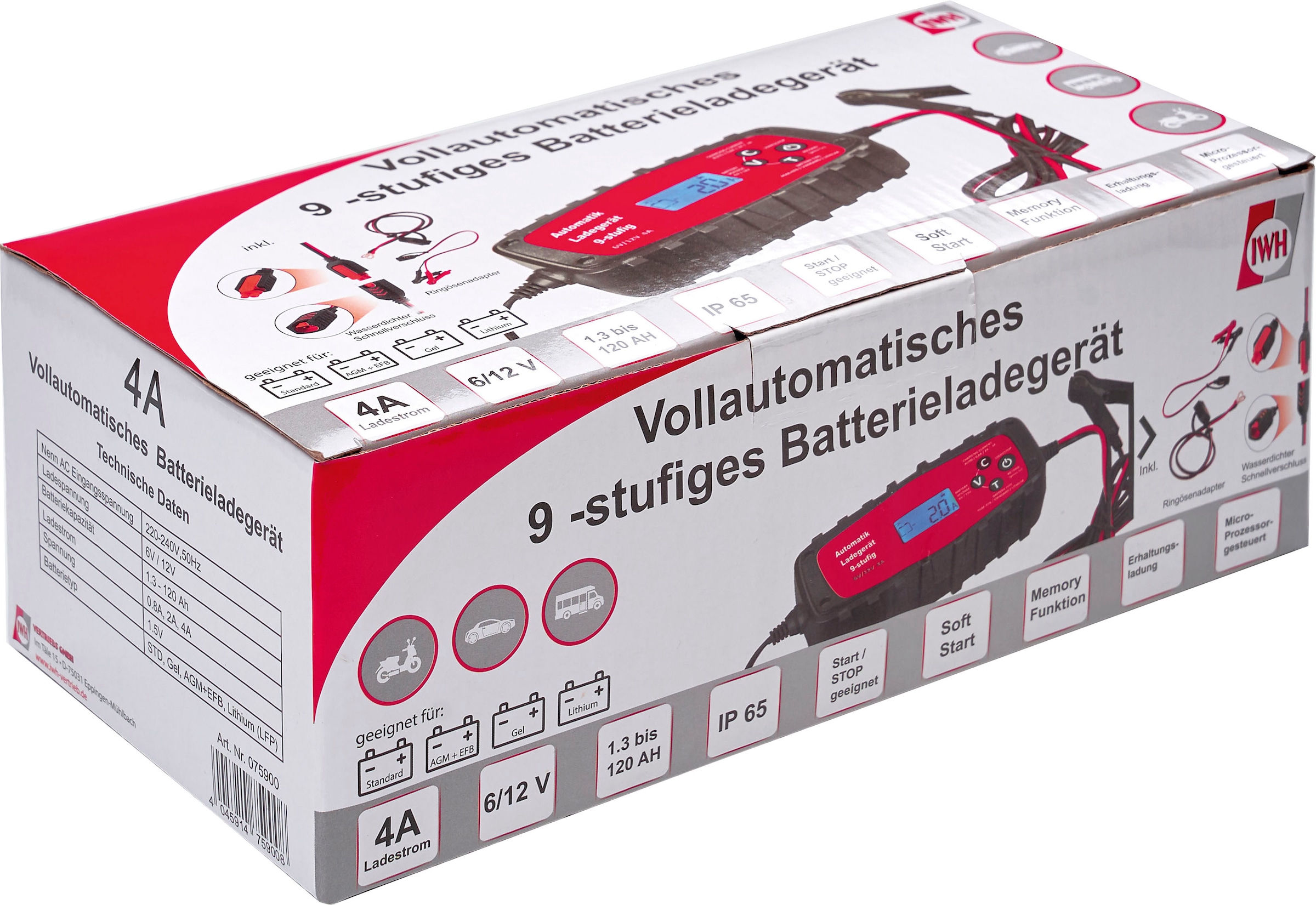 IWH Autobatterie-Ladegerät »6/12V, 4A, 075900«, für alle Arten von Blei- Säure-Batterien, STD, AGM, GEL, LiFePO4 | BAUR