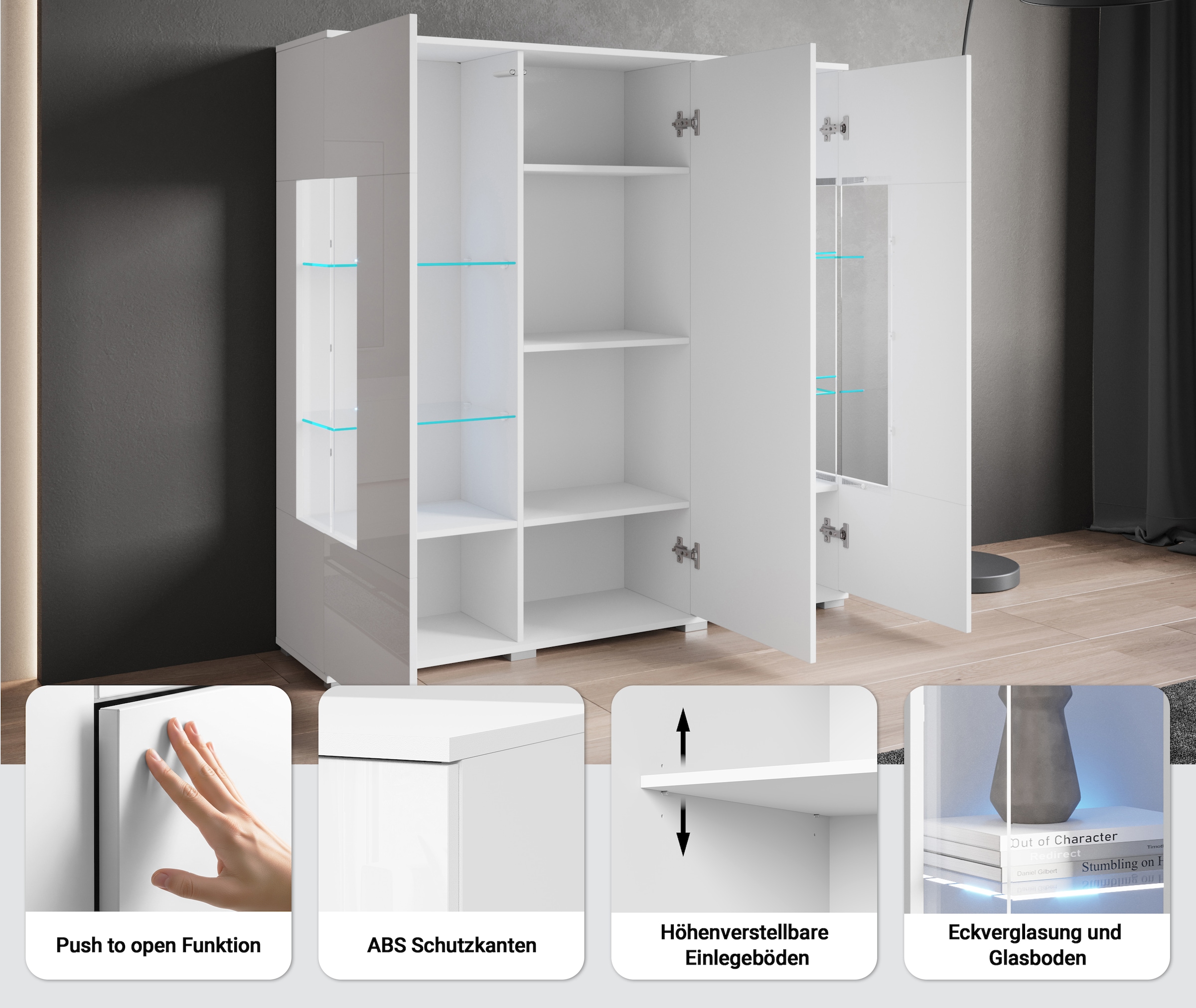 INOSIGN Highboard »Kenia«, (1 St.), Modernes Highboard, mit Glastüren, Breite 135 cm