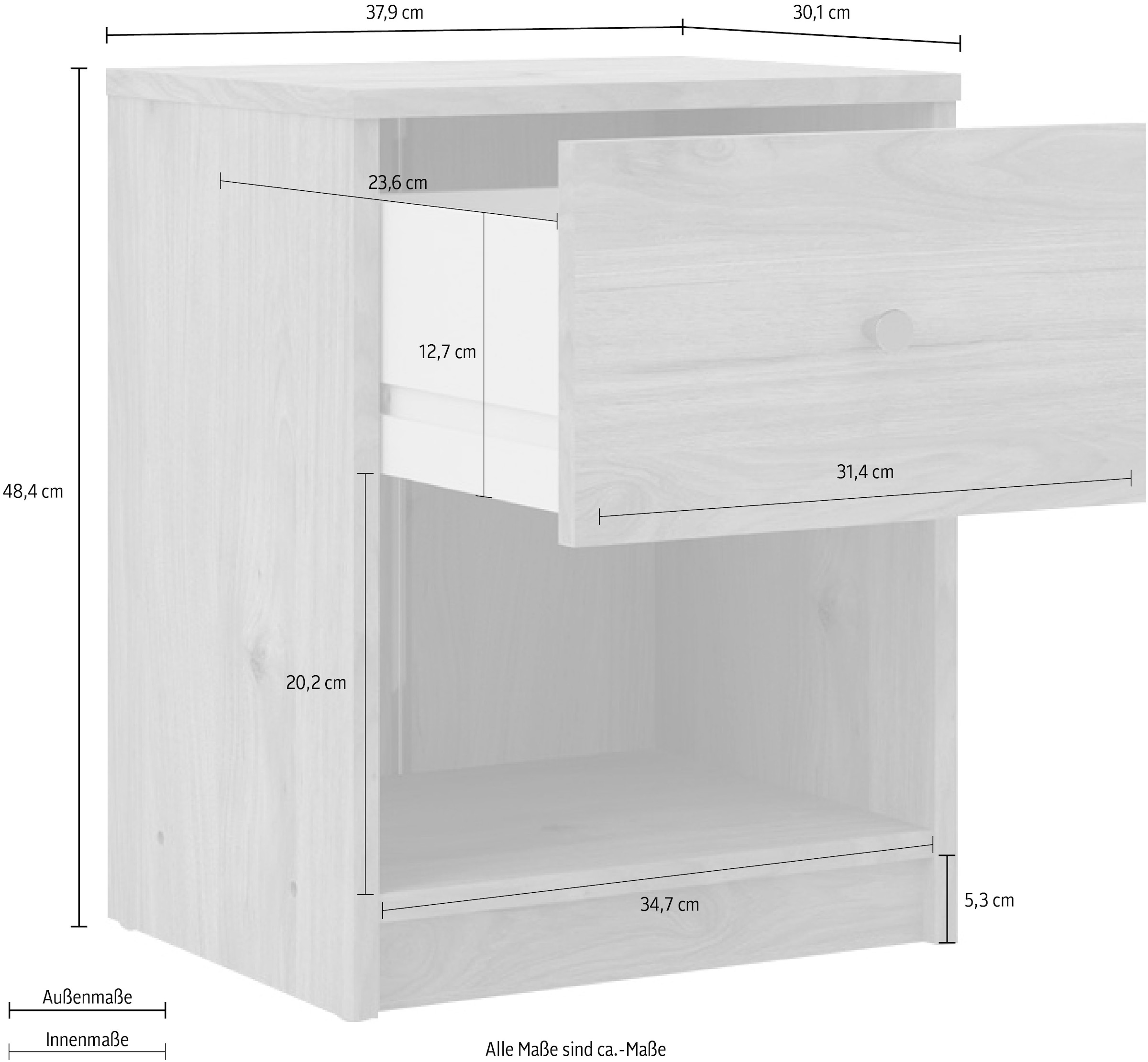 Home affaire Nachtkommode »May, Nachttisch, Nachtschrank, Beistelltisch,« mit 1 Schublade und einem offenen Fach, Breite 38 cm, Höhe 48 cm