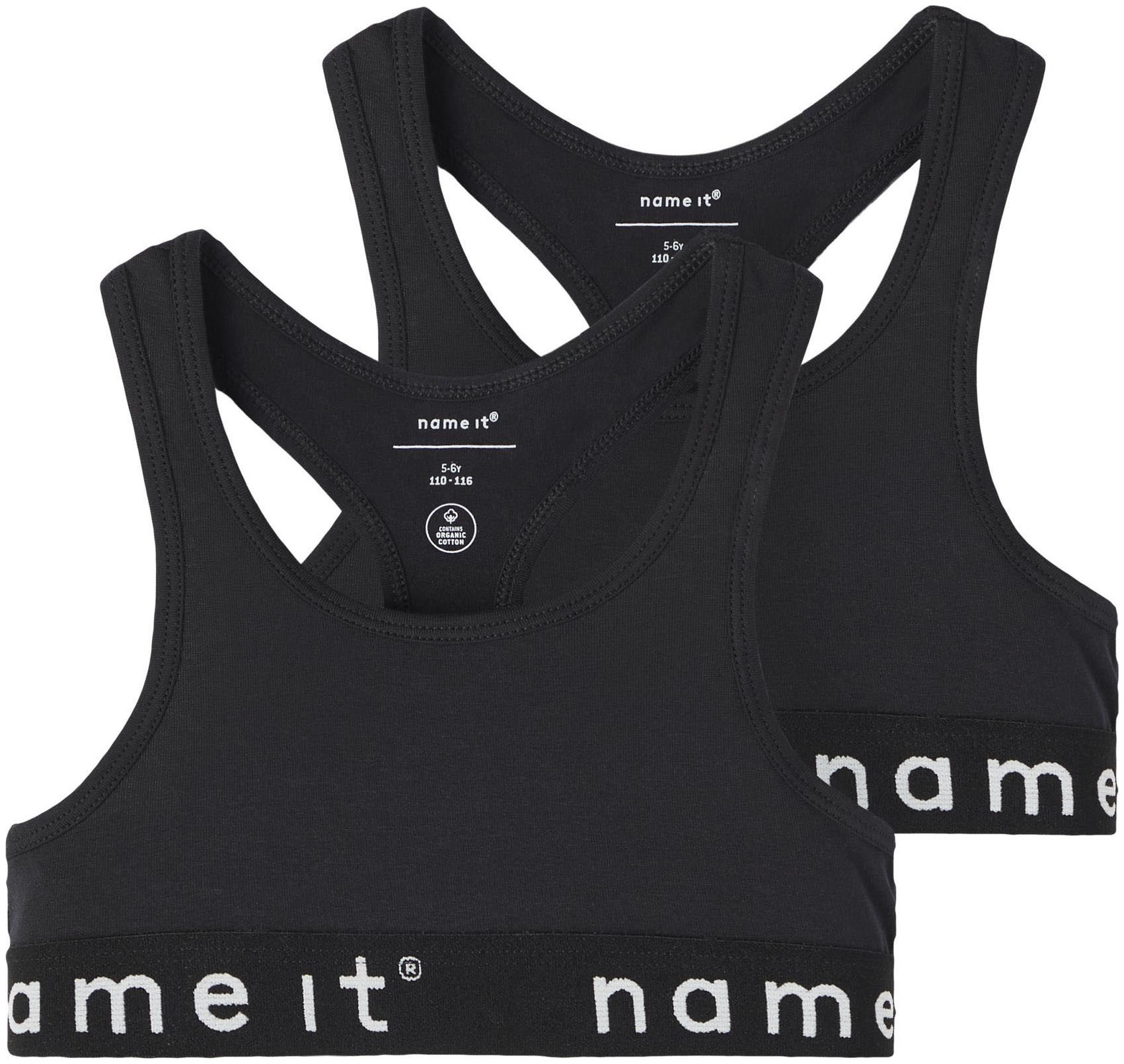 NAME IT Mädchen Bustier "NKFSHORT – Bralette im 2er-Set mit Ringerrücken", schwarz, Gr. 134, unifarben, Jersey, Obermaterial: 95% Baumwolle, 5%