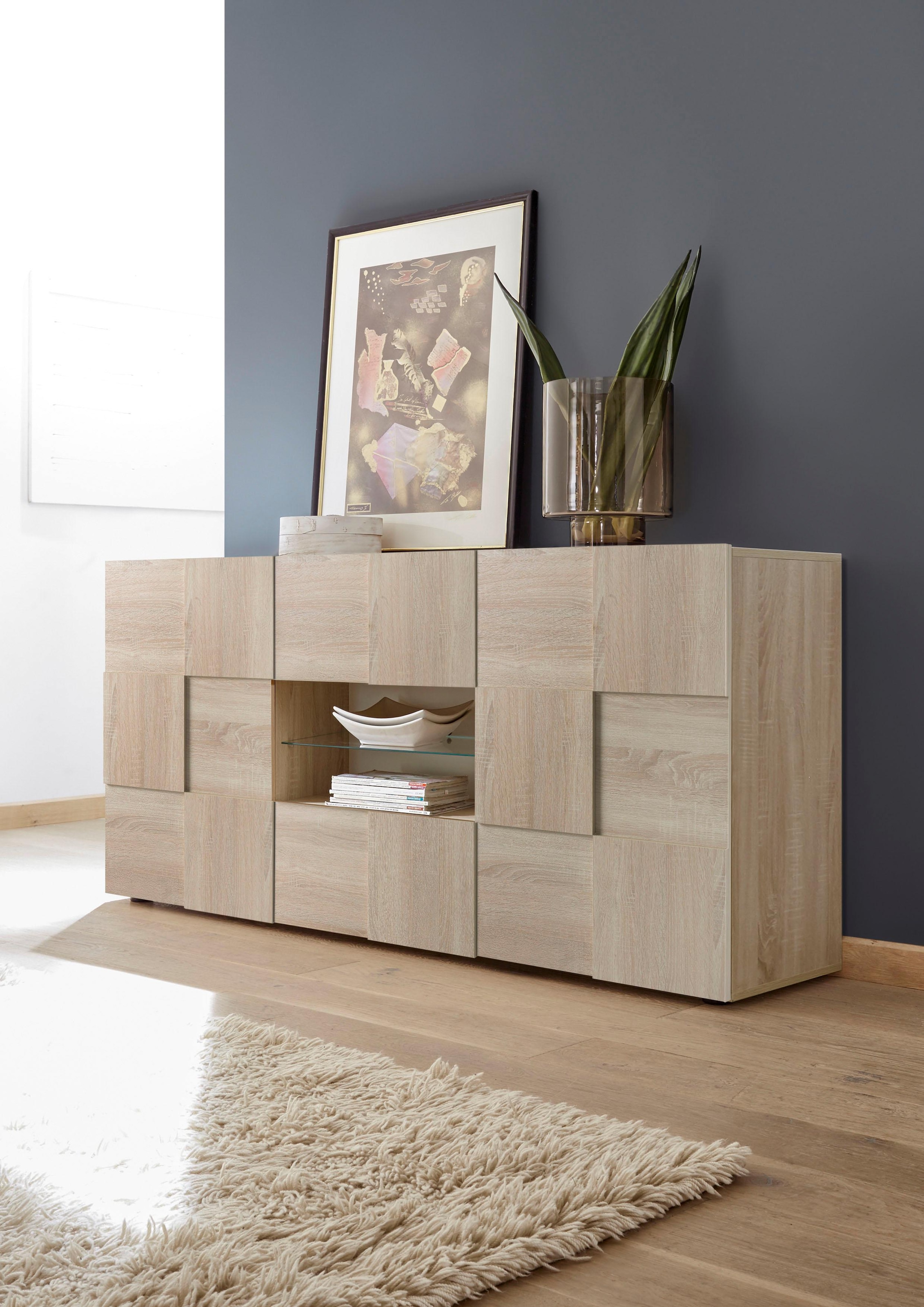 Home affaire Sideboard "Dama Breite 181, Kommode 2 Türen u. 2 Schubkästen, Anrichte" Front in 3D-Optik, viel Stauraum, verschiedene Farben