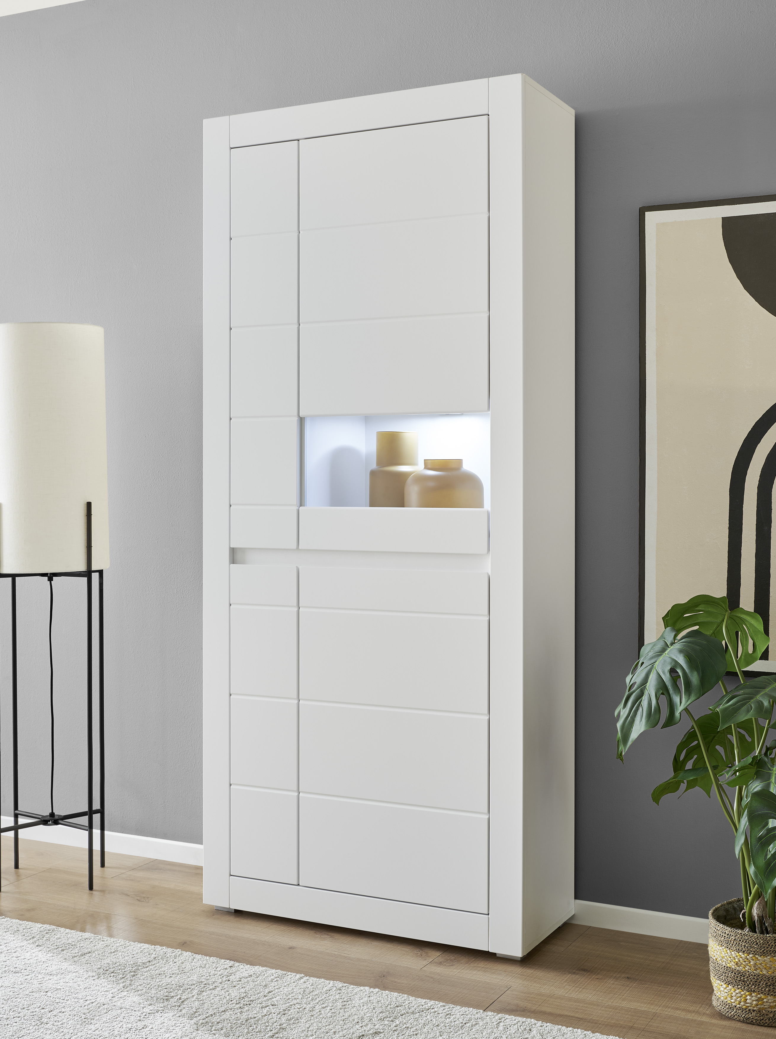 Home affaire Vitrine "Chester, Hochschrank mit Stauraum, Glasvitrine, Anrichte, Weiß Matt" 1 Stk. tlg. austauschbare Blende in der Griffleiste, zeitloses Design, 85 cm breit