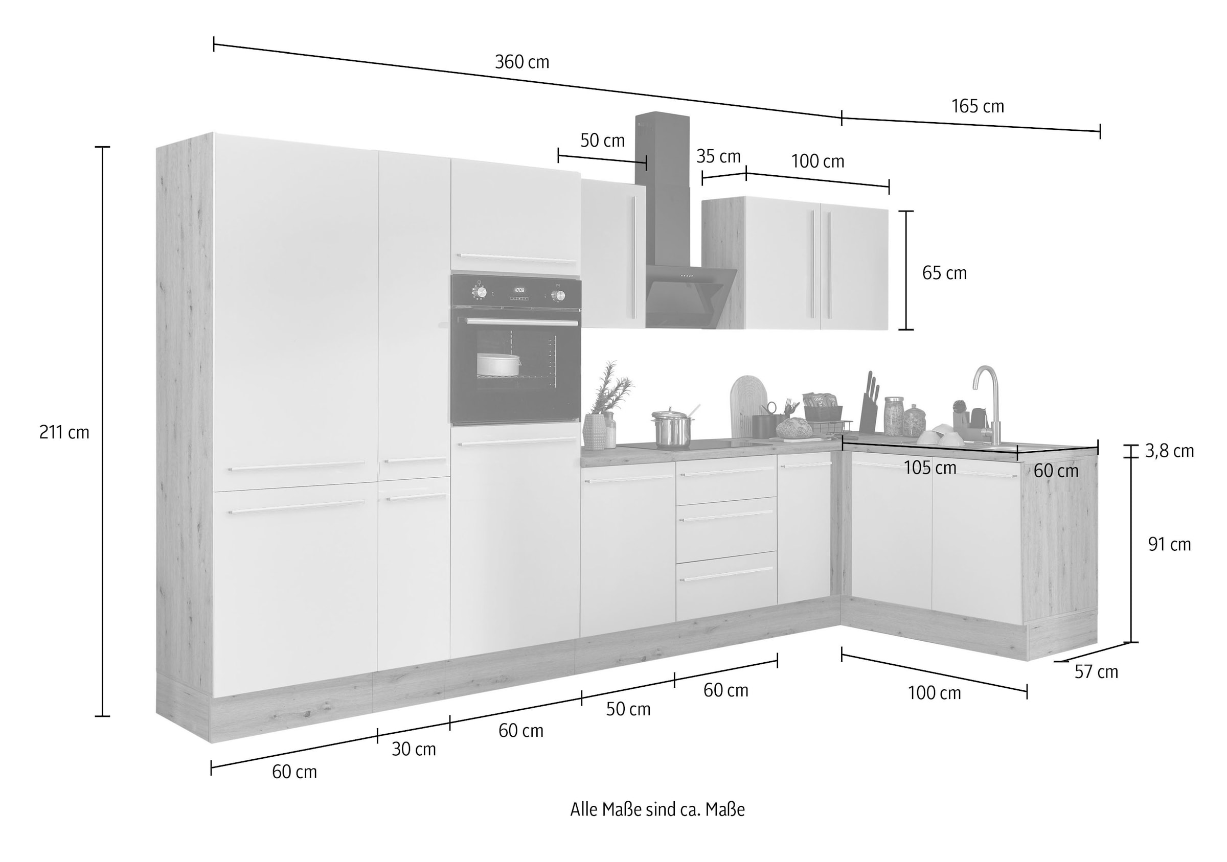 KOCHSTATION Winkelküche »Florida, Stellbreite 360x165 cm«, wahlweise mit E-Geräten, mit Softclose für Türen und Schubkästen