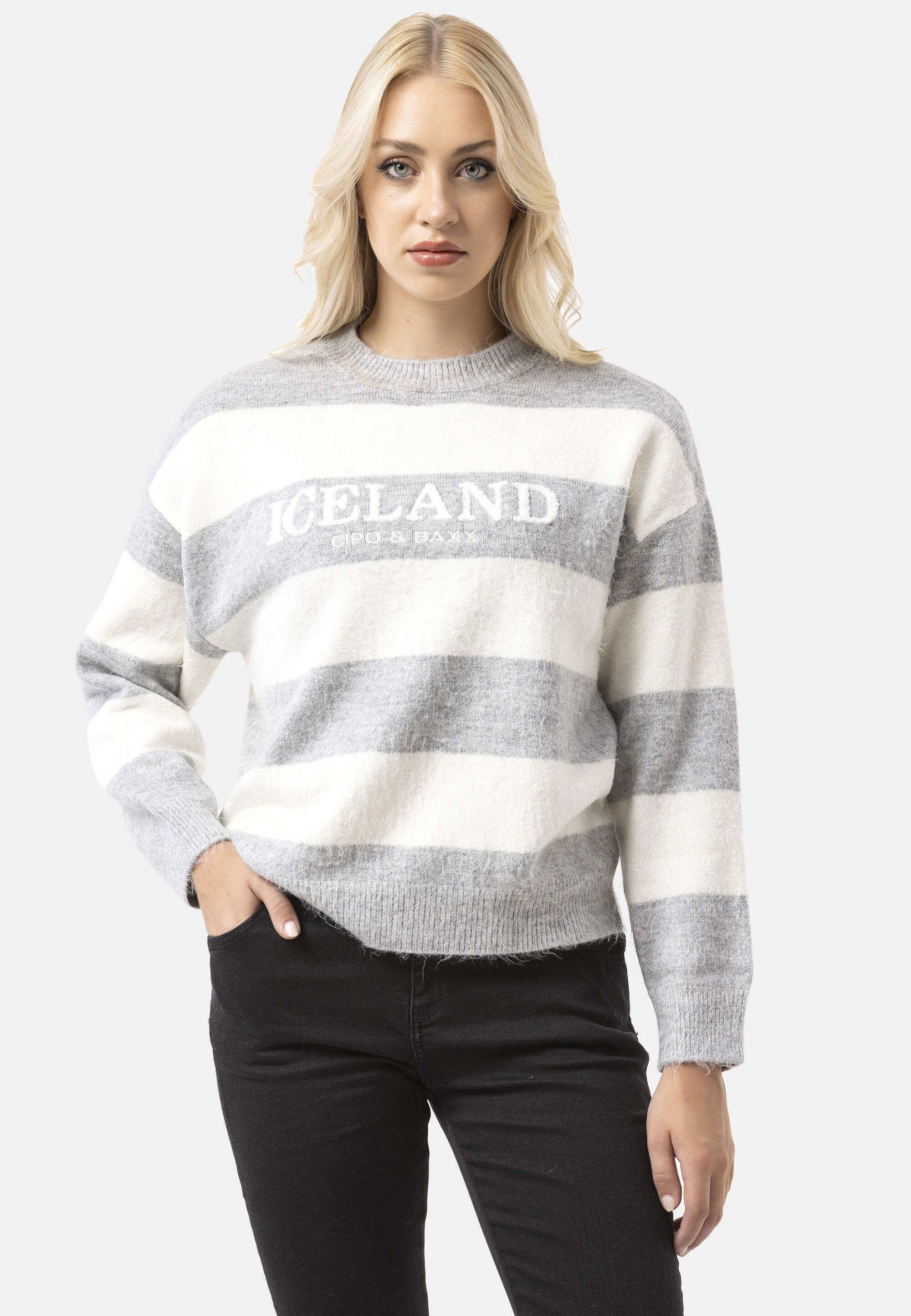 Cipo & Baxx Strickpullover "WP263" 1 Stk. Streifenmuster mit Frontprint günstig online kaufen