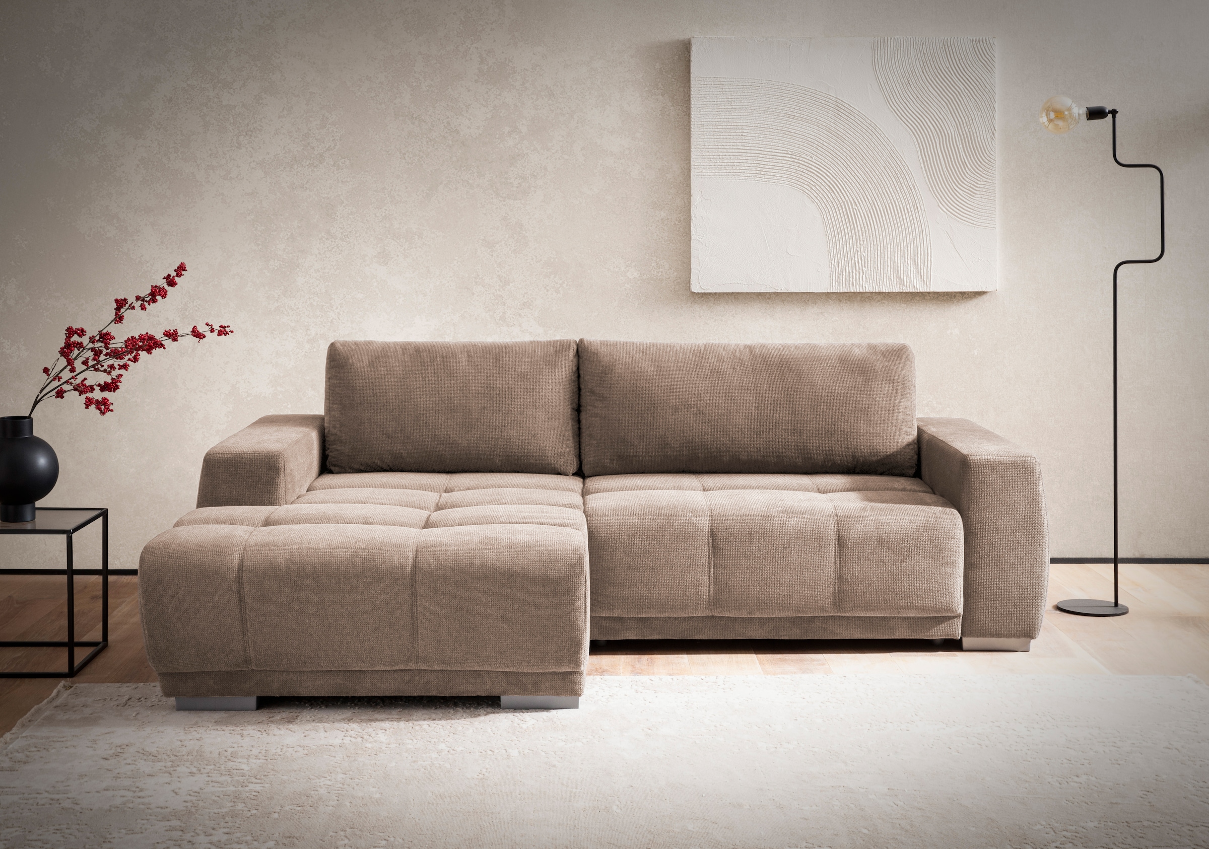 OTTO home Ecksofa "Bolero L-Form, B: 241 cm, bequeme Wellenunterfederung, wahlweise" mit Schlaffunktion und Bettkasten, Liegefläche 187x122cm, Gästebett