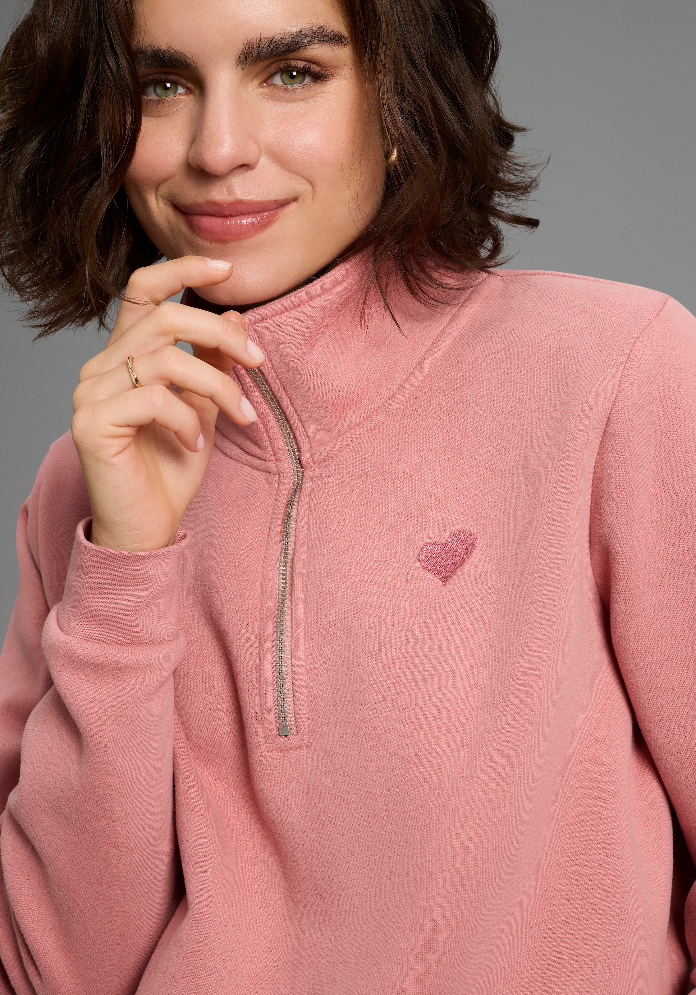 Laura Scott Sweater, Weiche Baumwollmischung mit Troyer‑Kragen und Reißverschluss­detail