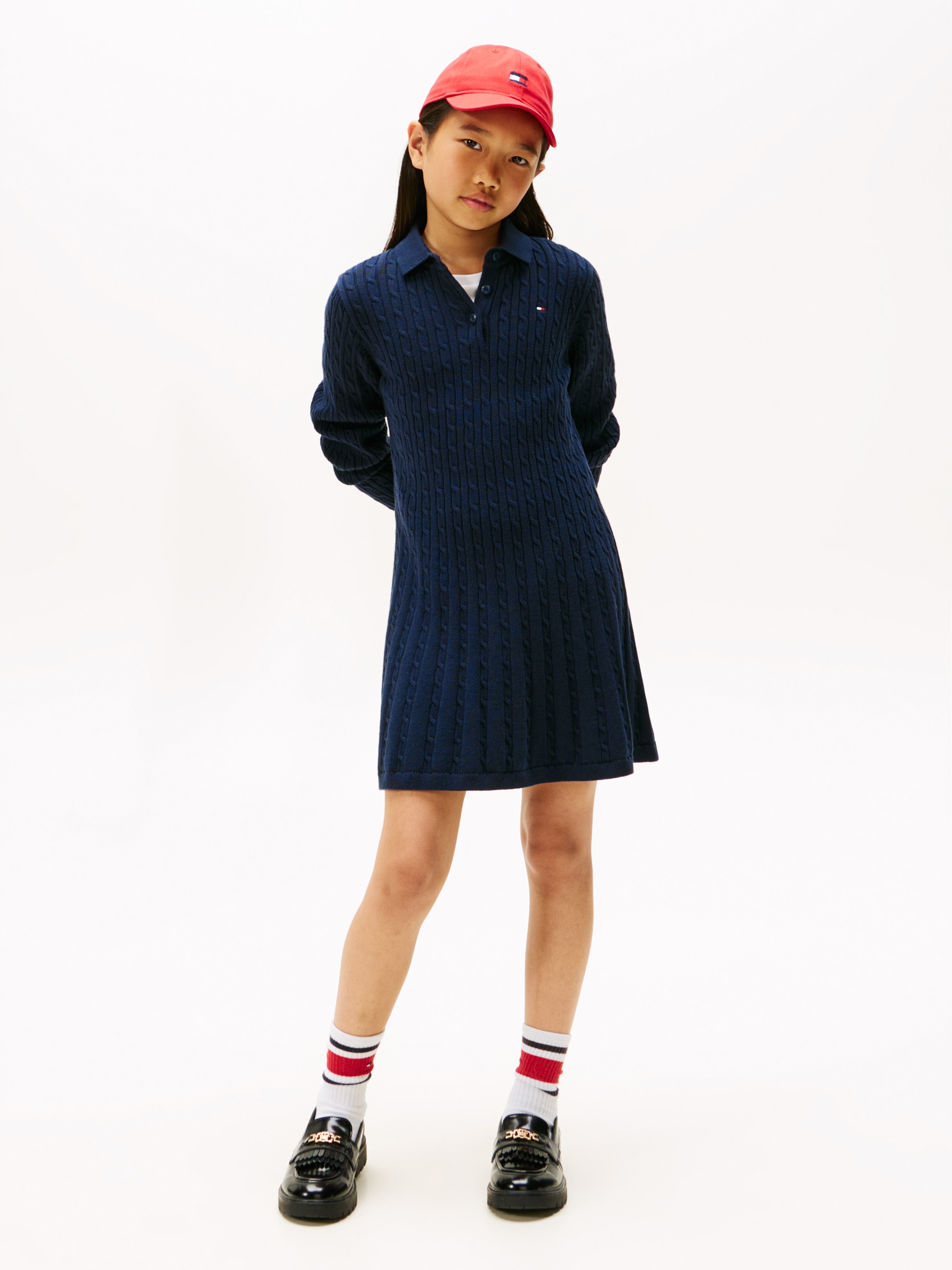 TOMMY HILFIGER Mädchen Strickkleid "CABLE SWEATER DRESS", blau, Gr. 4, unifarben, Strick, Obermaterial: 100% Baumwolle, Kleider, Kinder bis 16 Jahre