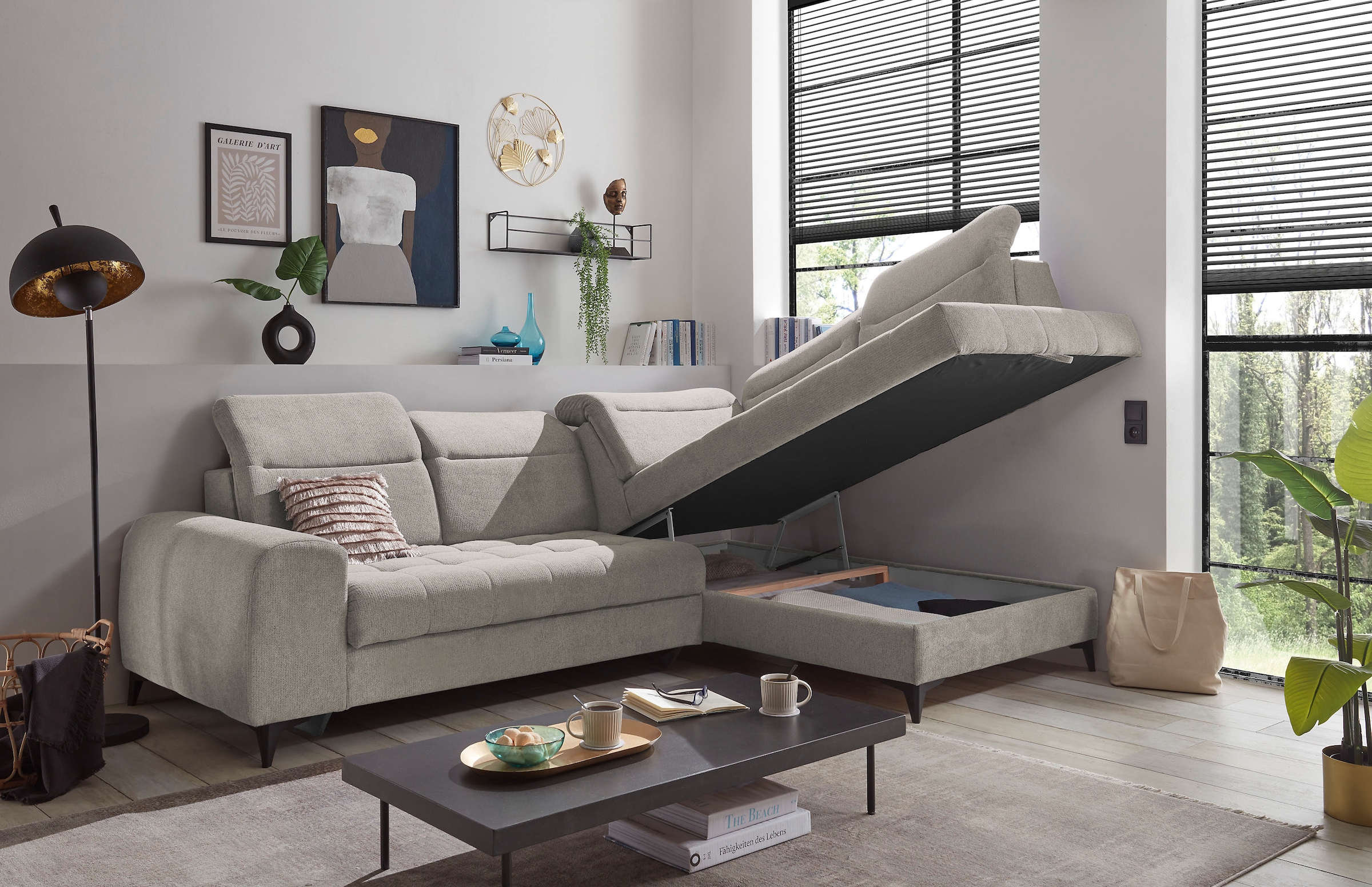 ED EXCITING DESIGN Ecksofa »Rockdale L-Form mit Bettfunktion, Bettkasten«, Kopfteilverstellung, Sitztiefenverstellung & USB-Port