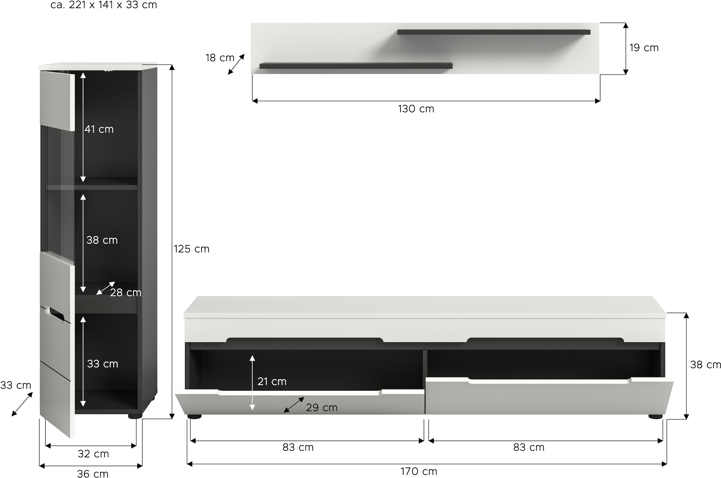 Home affaire Wohnwand »REHAT, TOPSELLER!, 3-teilig, wahlweise stehend und hängend montierbar« Set bestehend aus: Vitrine, Lowboard und Wandboard, 2 Stk. tlg.