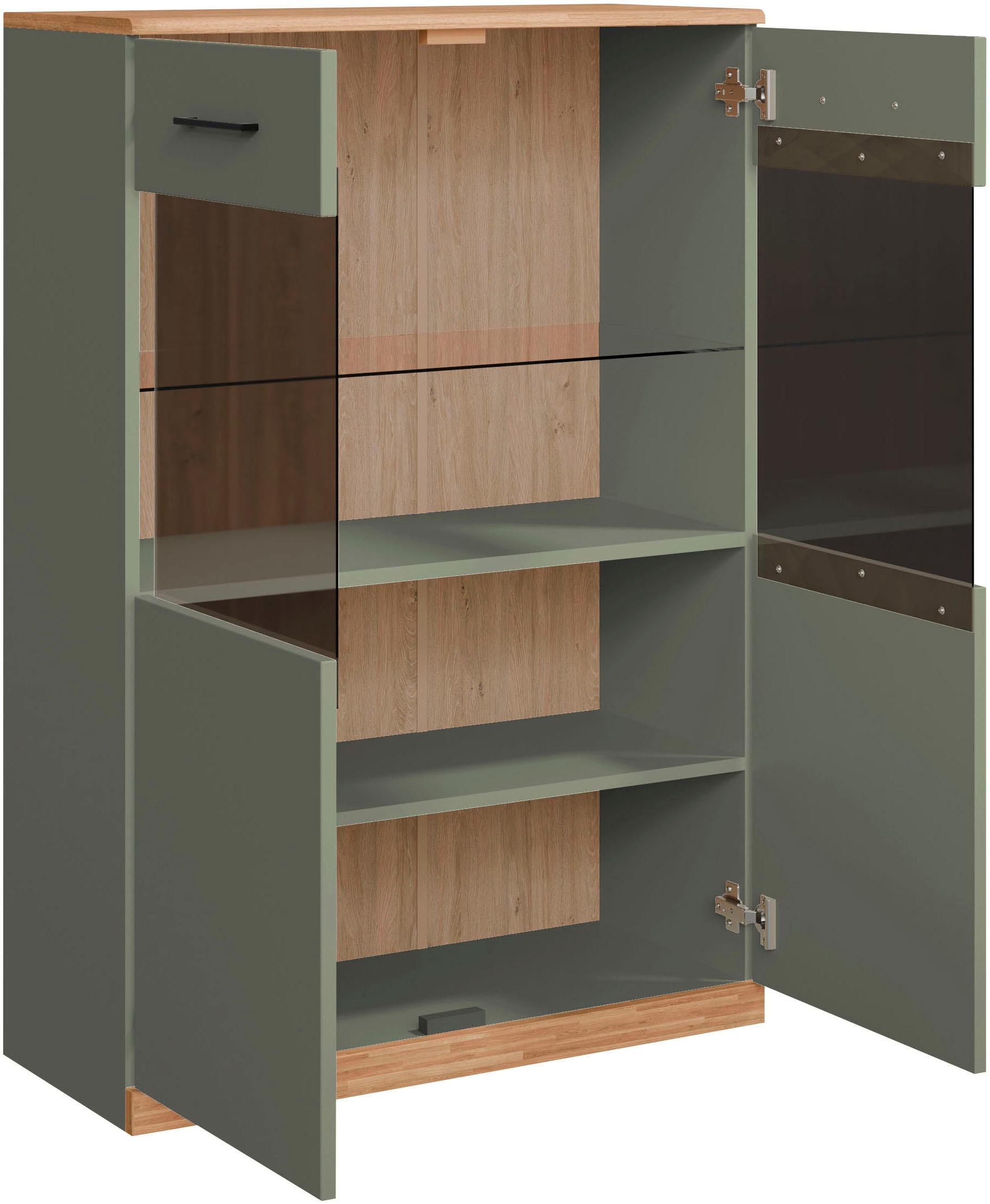 Home affaire Highboard »Ribe,125cm hoch,87cm breit,4 breite Fächer«, Oberplatte Eiche massiv,dunkles Glas, schwarze Metall Griffe