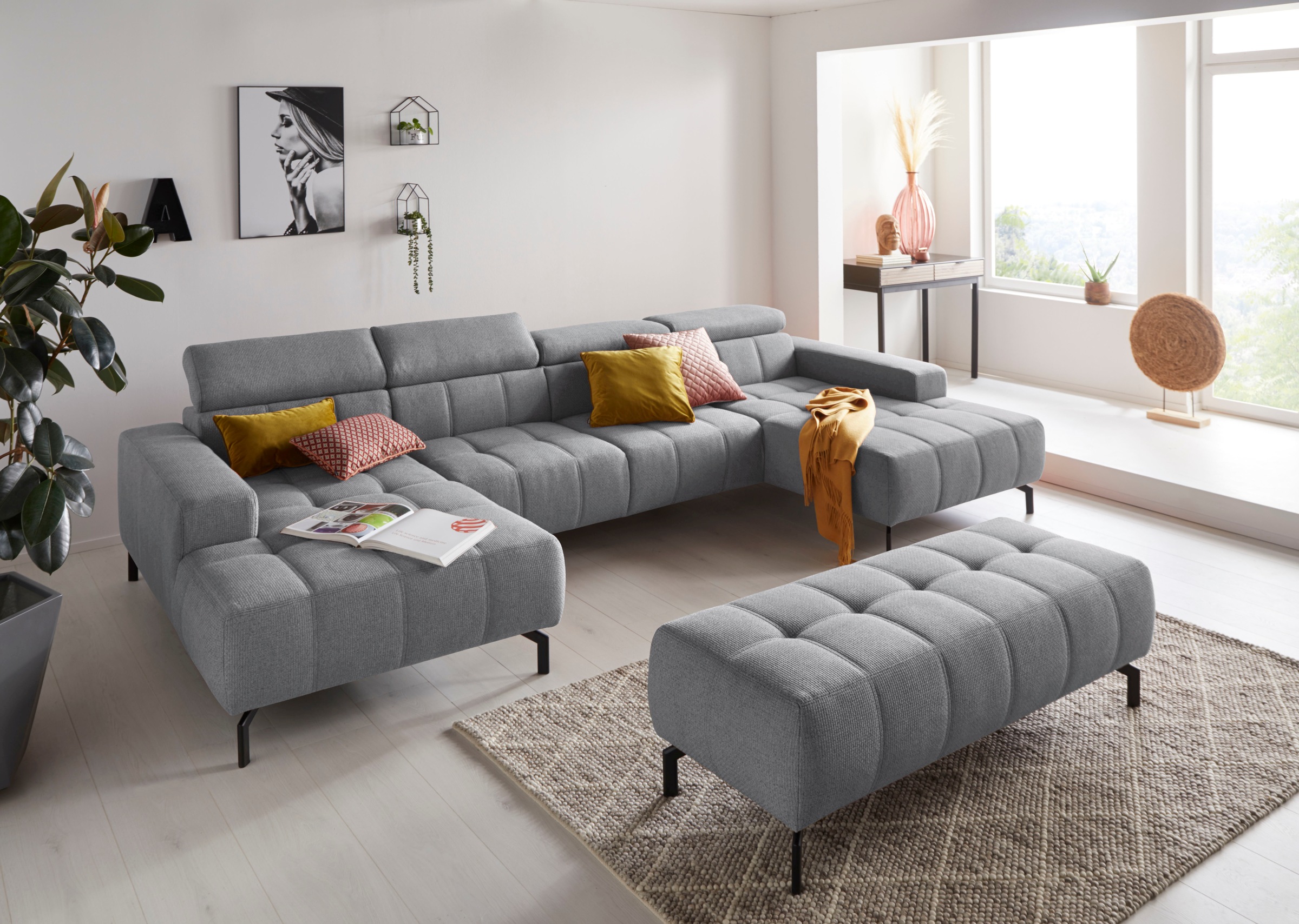 DOMO collection Wohnlandschaft »Cunelli tolle Sitznähte als Designelement, fester Sitzkomfort, U-Form«, wahlweise mit Kopfteilverstellung, bodenfrei
