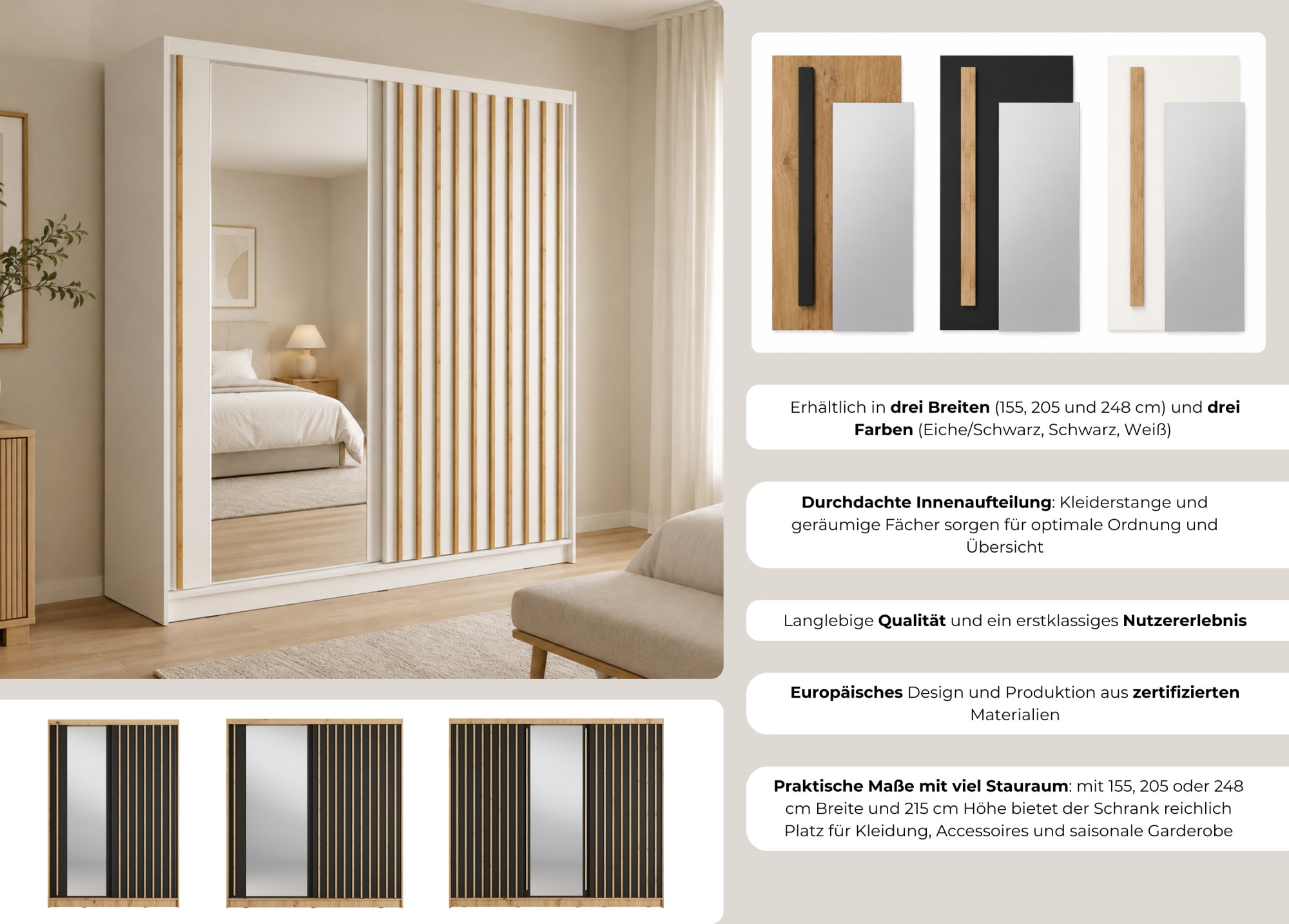 Home affaire Kleiderschrank »VILLEFRANCHE modern mit viel Stauraum, Fächer & Kleiderstange, Spiegel« Garderobe in 3 Breiten (155, 205, 248 cm), erhältlich in 3 Farben