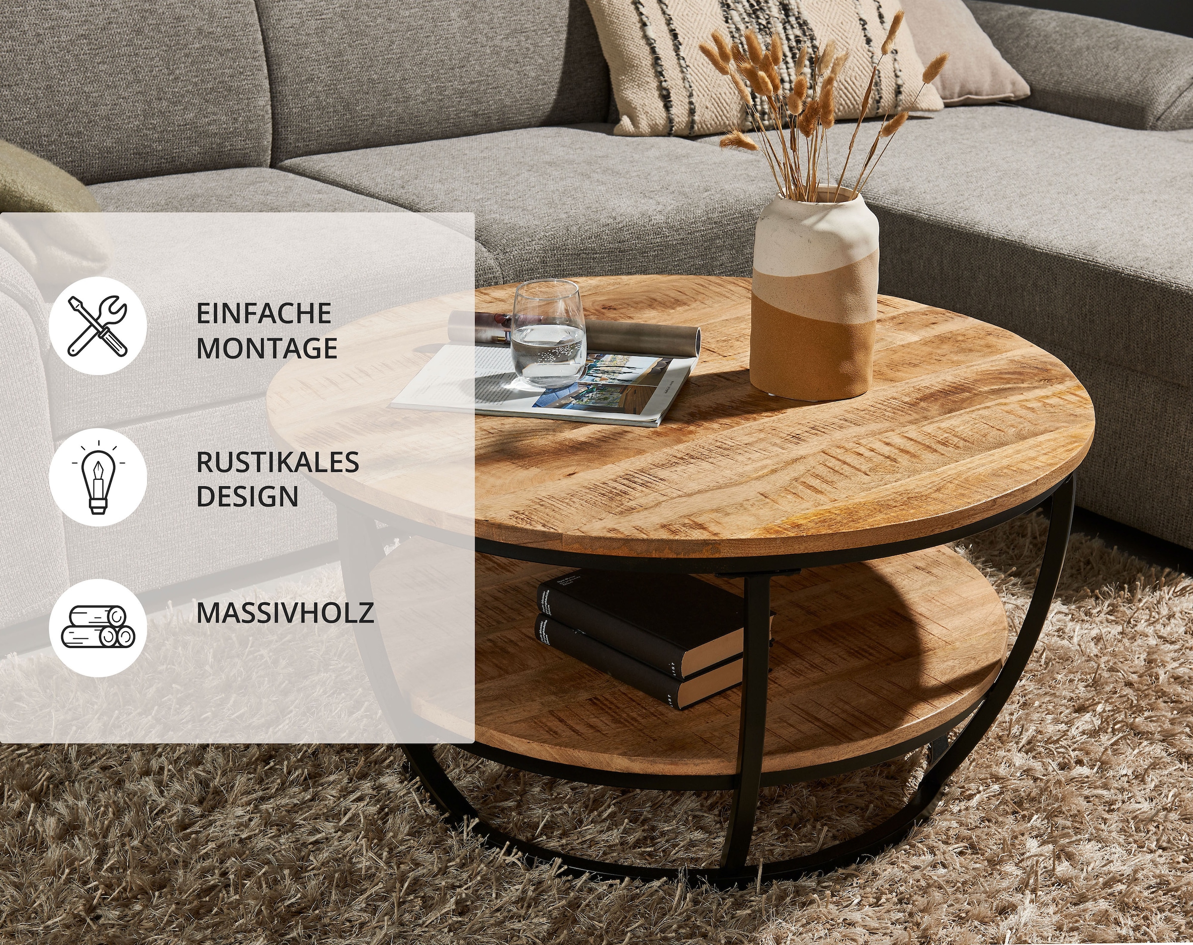 HBZ Couchtisch »Jambi, TOPSELLER!«, (Couchtisch), rund Massivholz mit Ablage