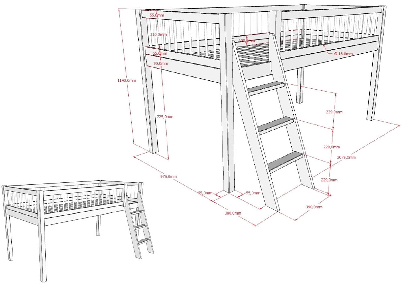 Vipack Spielbett »Forrest, Absturzschutz mit Sprossen-Optik, Pfostenstärken ca. 50x50mm« Buche natur lackiert, stabil und hochwertig gebaut, inkl. Lattenrost,  90/200 cm, Spielbereich unter dem Bett, 2 Textil-Set´s zur Wahl