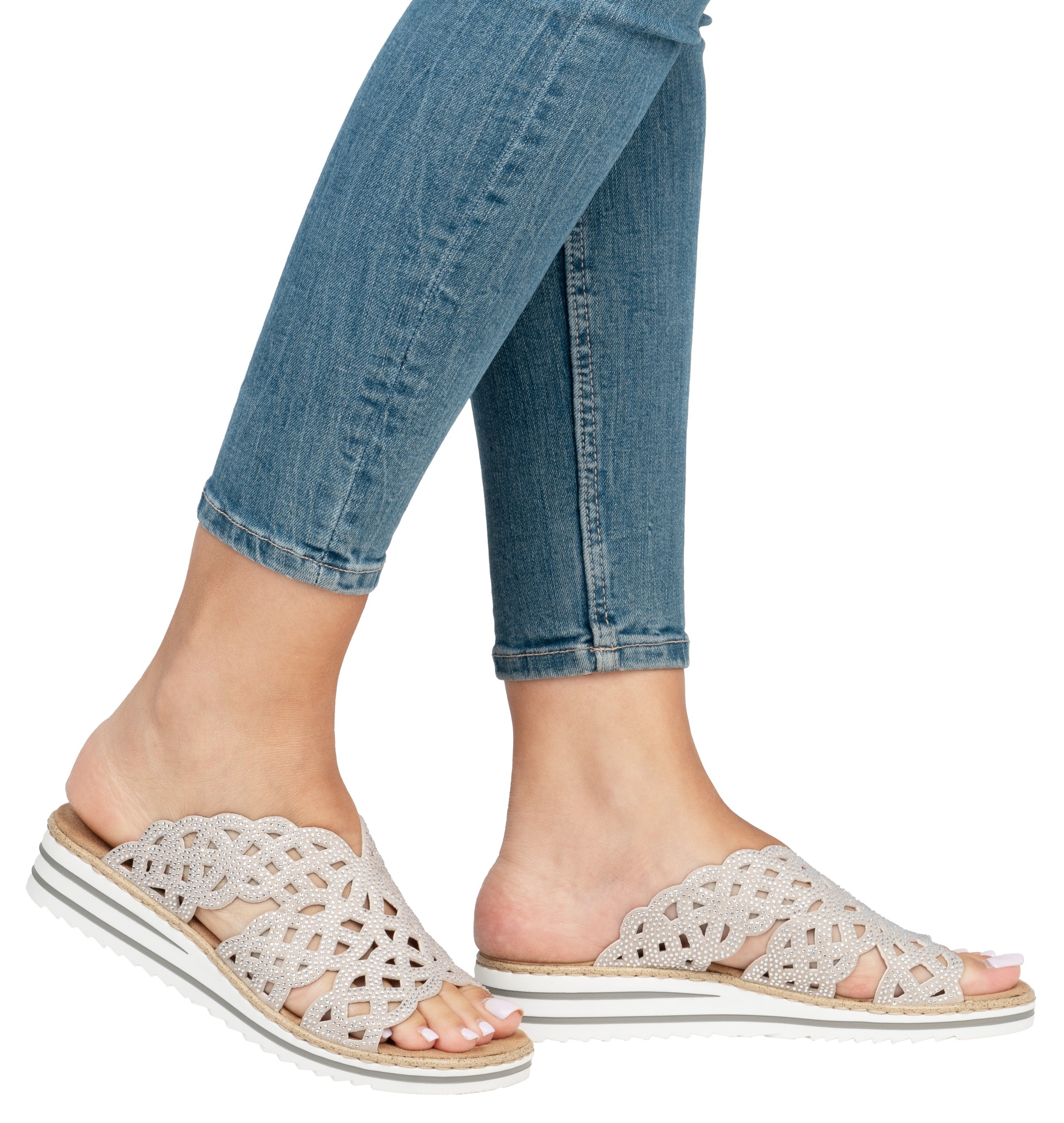 Pantolette RIEKER, Damen, Gr. 37, beige (hellbeige), Lederimitat, Schuhe Pantolette, Sommerschuh, Strandschuh, Hausschuh, Keilabsatz, mit Strass-Steinchen, Topseller 3