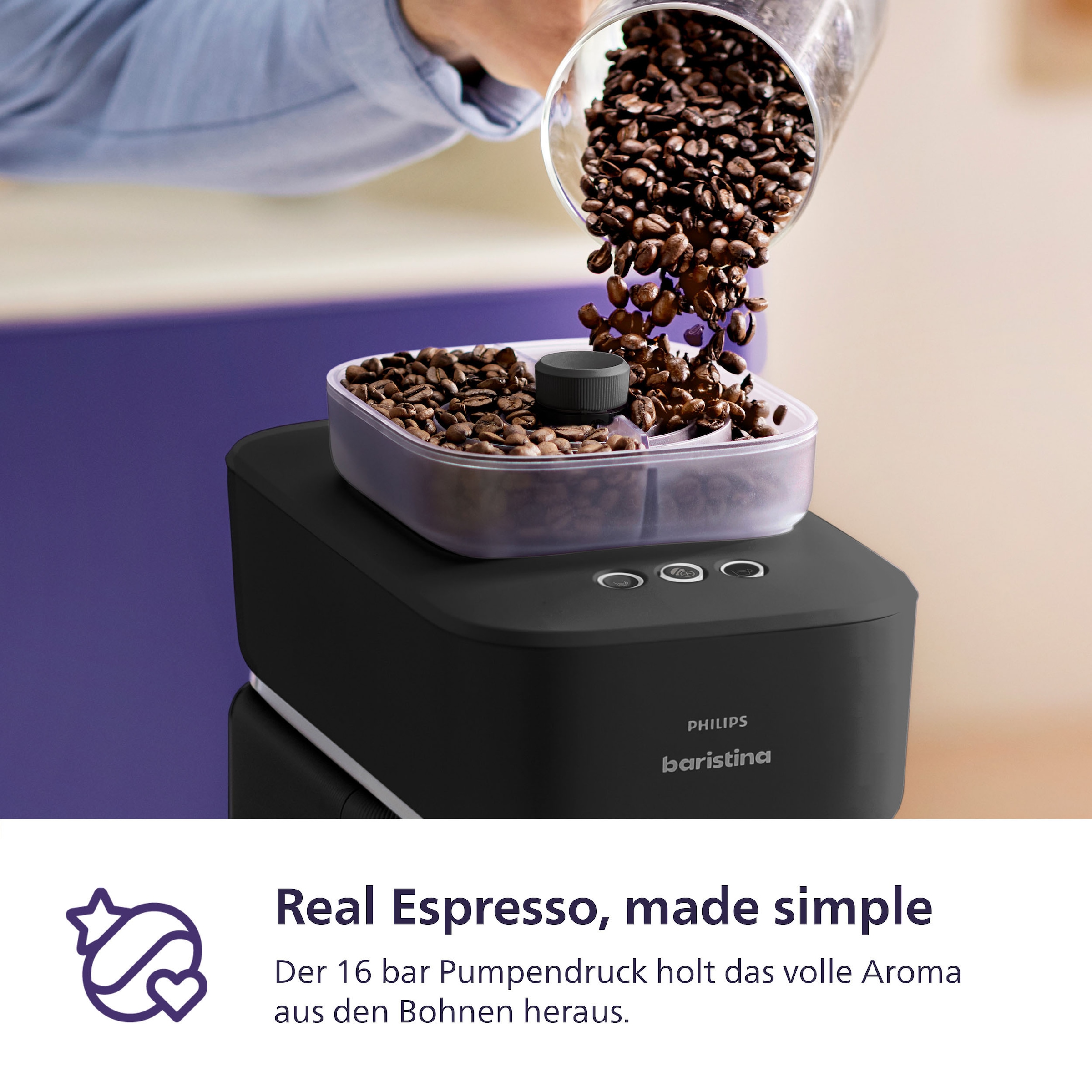 PHILIPS baristina Espressomaschine »mit Bean swap BAR320/60 mit Mahlwerk für ganze Bohnen« Doppelter Bohnenbehälter, 16 bar Pumpendruck, Schwarzgrau