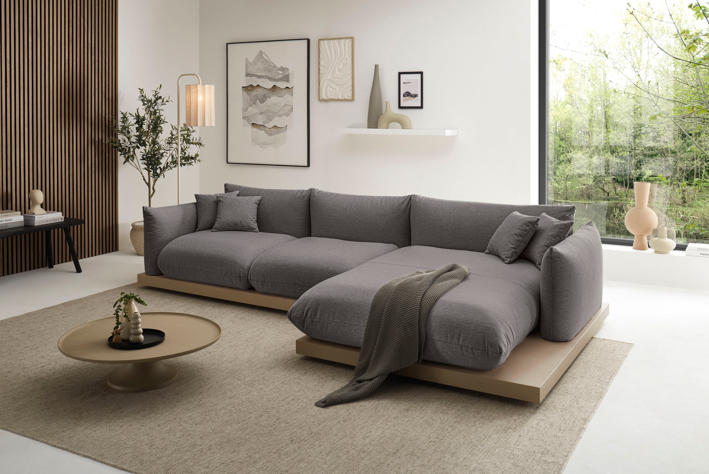 OTTO home Ecksofa »Kalix, Polsterecke mit kräftigem Holz-Plateau, moderne Couch in L-Form«, wahlweise Recamiere links o. rechts, Strukturstoff, hoher Sitzkomfort