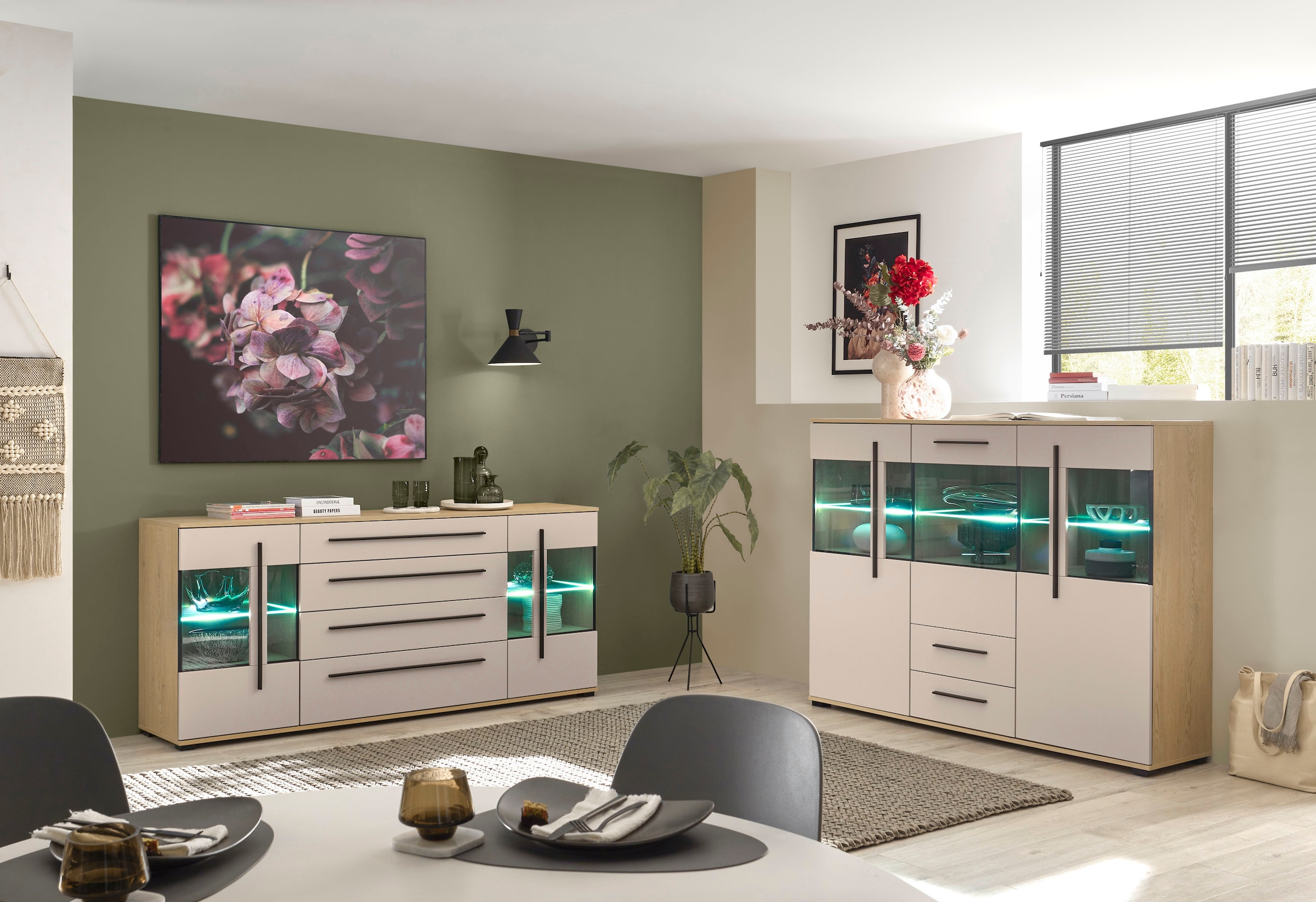 Home affaire Highboard »Cantara, moderner Schrank, Vitrine in Eiche Dekor, Weiß oder Kaschmir« schwarze Stangengriffe, ausreichend Stauraum, vielseitig einsetzbar