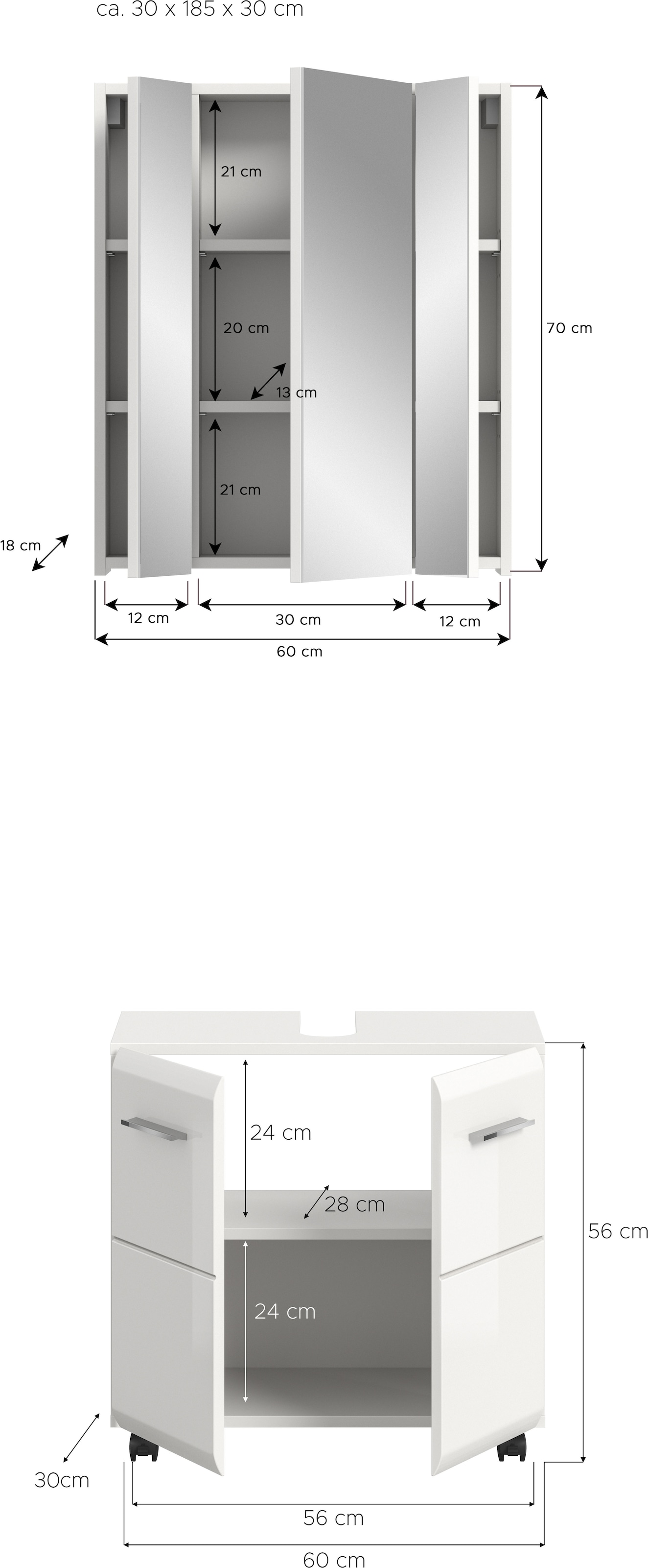welltime Badmöbel-Set »FLORENZ, 2-tlg. Bad-Kombination, hochwertige MDF-Front« best. aus: 1 Spiegelschrank, 1 Waschbeckenunterschrank, 3 Stk. tlg.