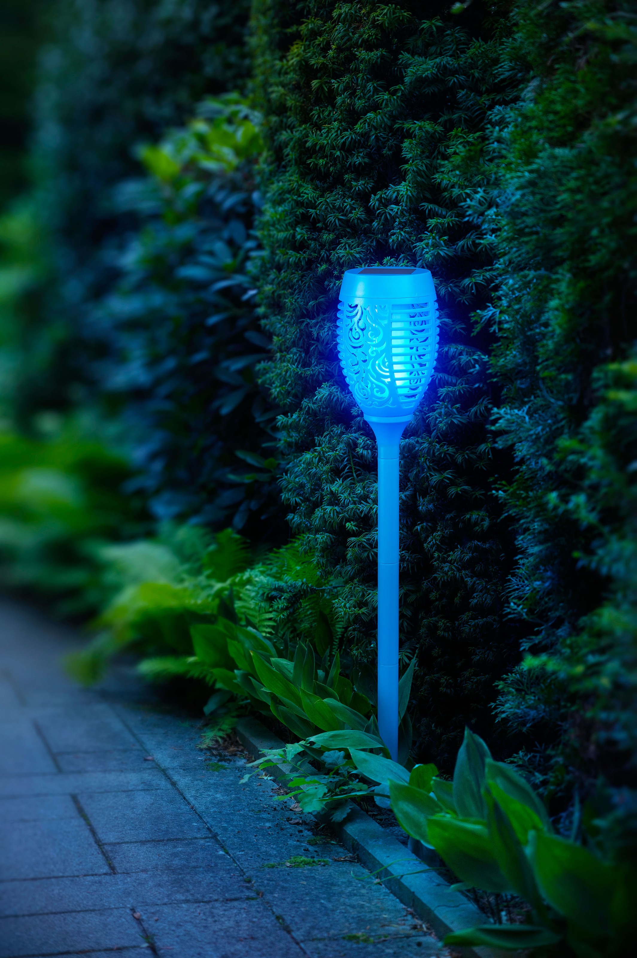 LED Gartenfackel BONETTI, blau (türkis), H:72cm, Leuchten, LED Solar Gartenfackel mit realer Flamme 3