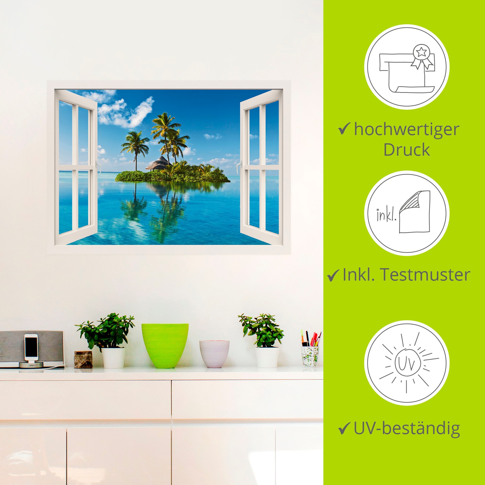 Artland Wandbild »Fensterblick Insel Palmen Meer«, Fensterblick, (1 St.), als Leinwandbild, Poster, Wandaufkleber in verschied. Größen