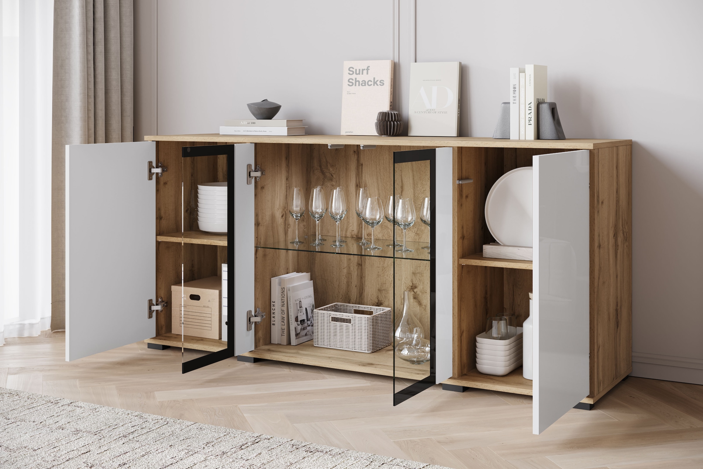 INOSIGN Sideboard »Caro, modernes Design mit Glaseinsätzen, Breite 150 cm«, (1 St.), Grifflose Fronten mit Push-to-Open, höhenverstellbare Einlegeböden