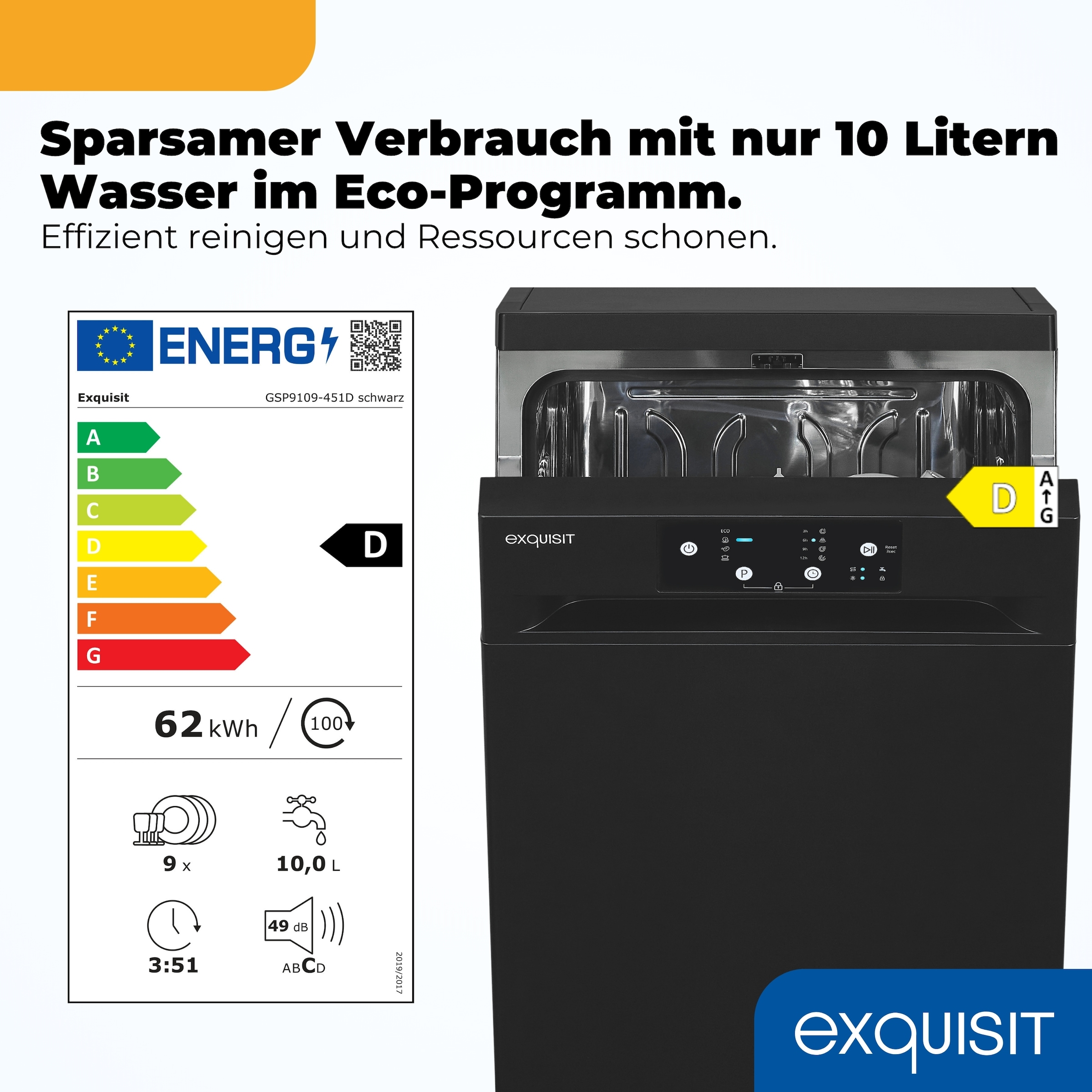 exquisit Standgeschirrspüler 9109 »GSP9109-451D schwarz« 10 l 9 tlg. Maßgedecke 9 Maßgedecke, 4 Programme, LED, Besteckkorb