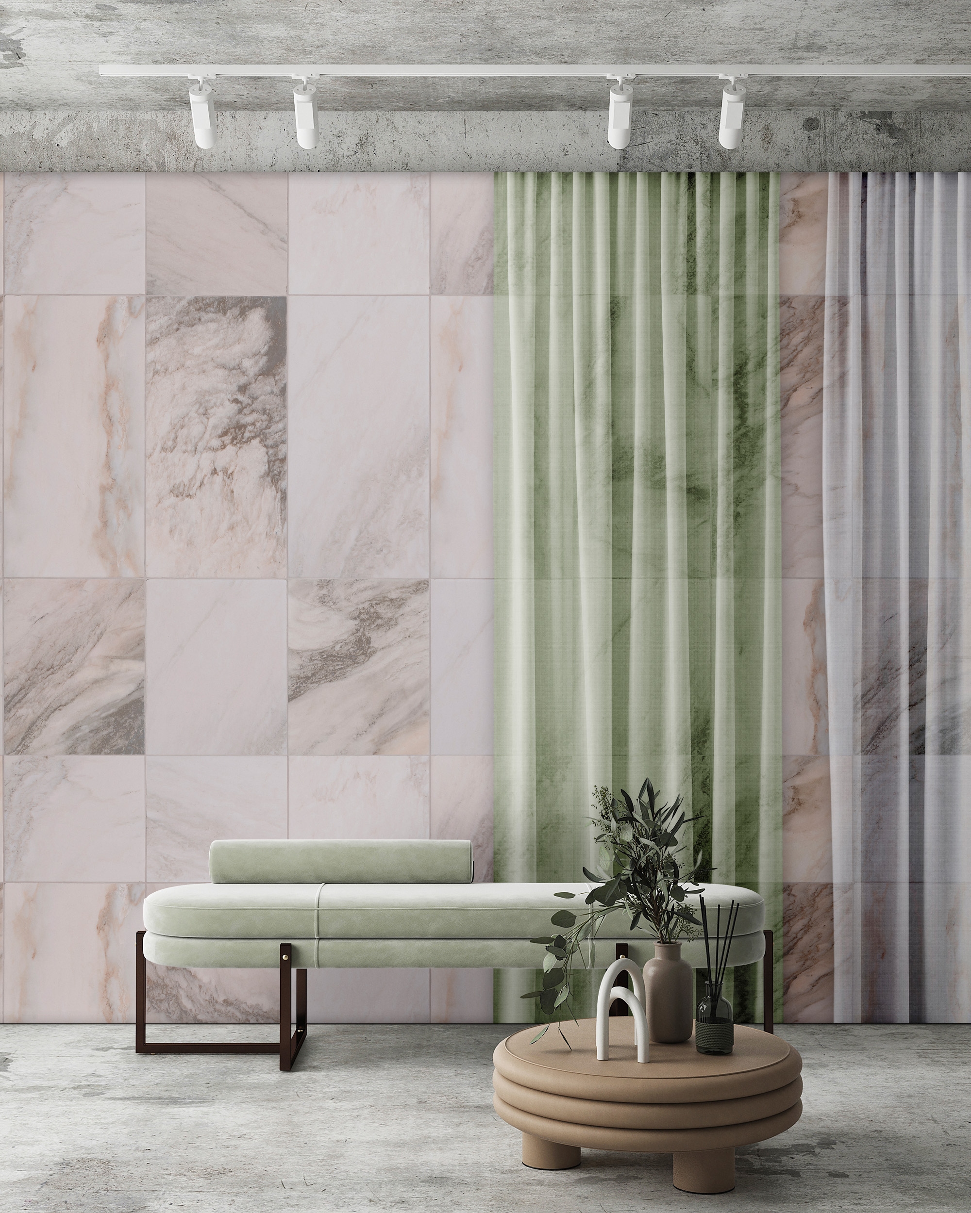 living walls Vliestapete "Fototapete Marmoroptik Vorhang Elegant modern" matt glatt
